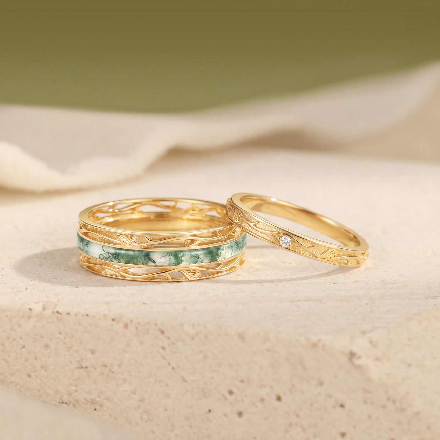Moss Agate Inlay Engraved Anniversary Promise Couple Rings