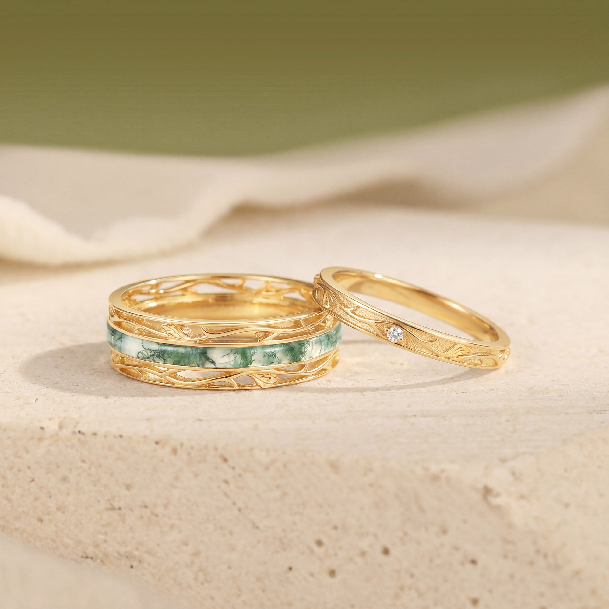 Moss Agate Inlay Engraved Anniversary Promise Couple Rings