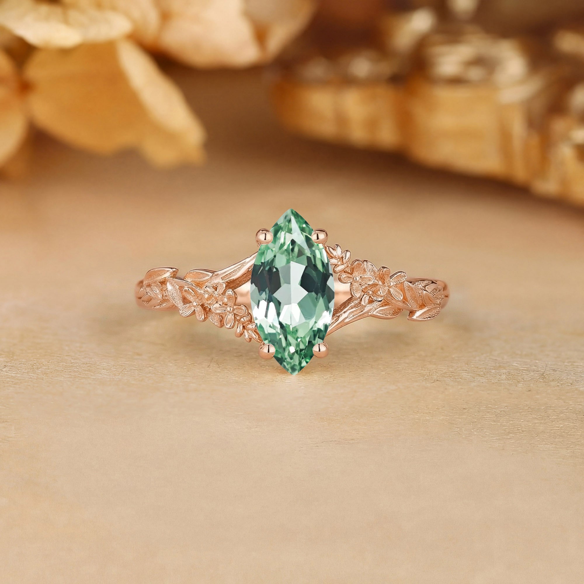 Flower Inspired Marquise Cut Green Sapphire Leafy Engagement Ring - Eulalie