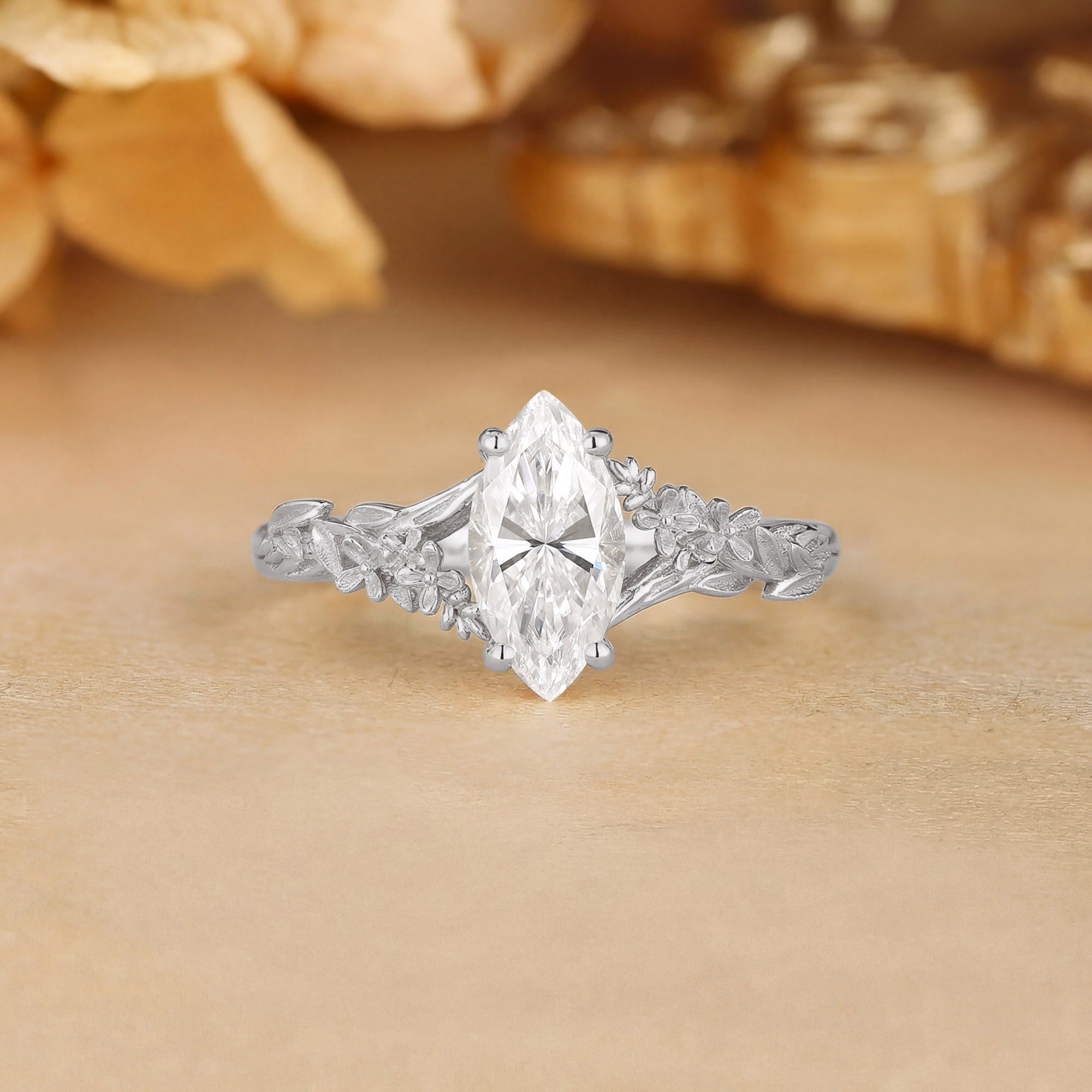 Flower Inspired Marquise Cut Moissanite Leafy Engagement Ring - Eulalie