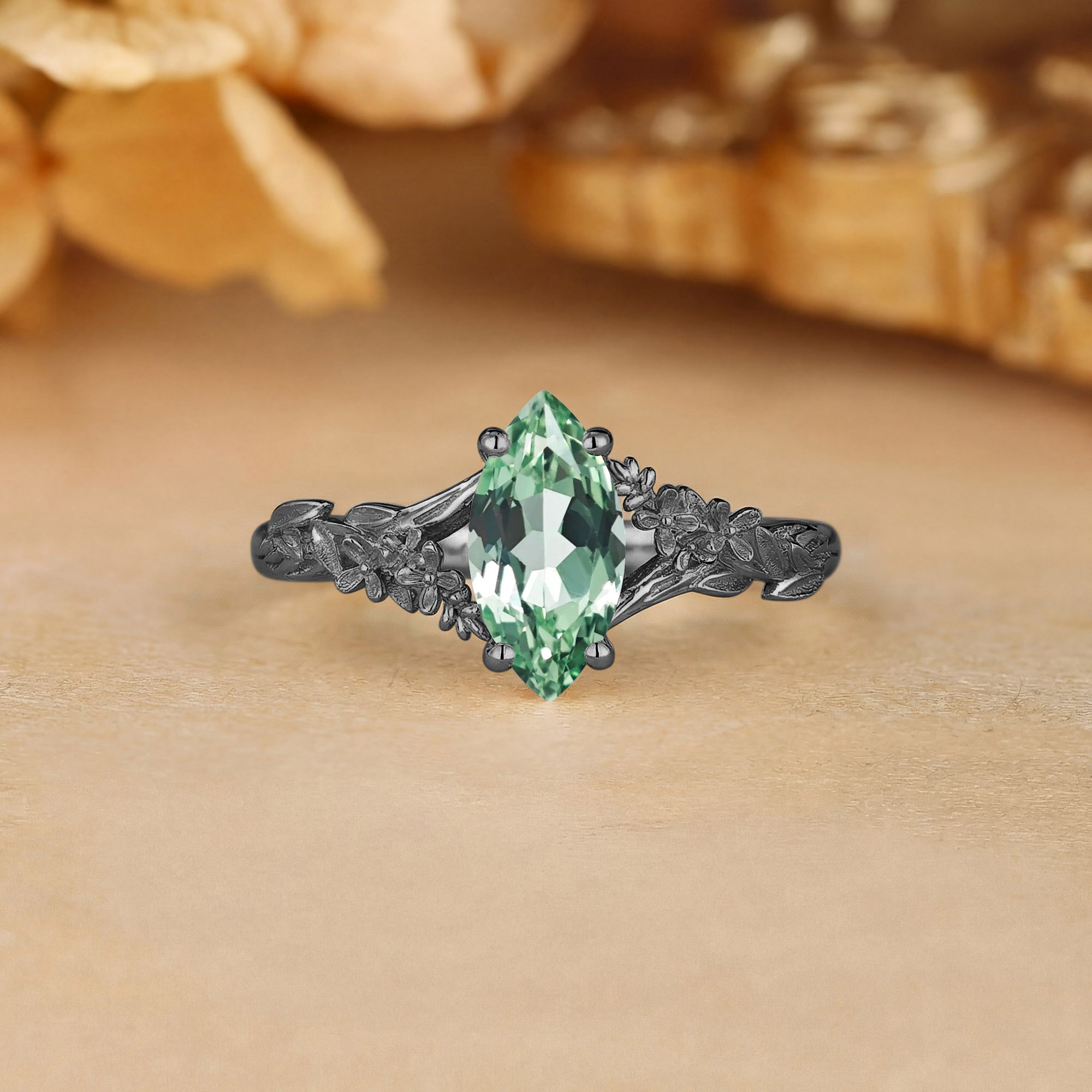 Flower Inspired Marquise Cut Green Sapphire Leafy Engagement Ring - Eulalie