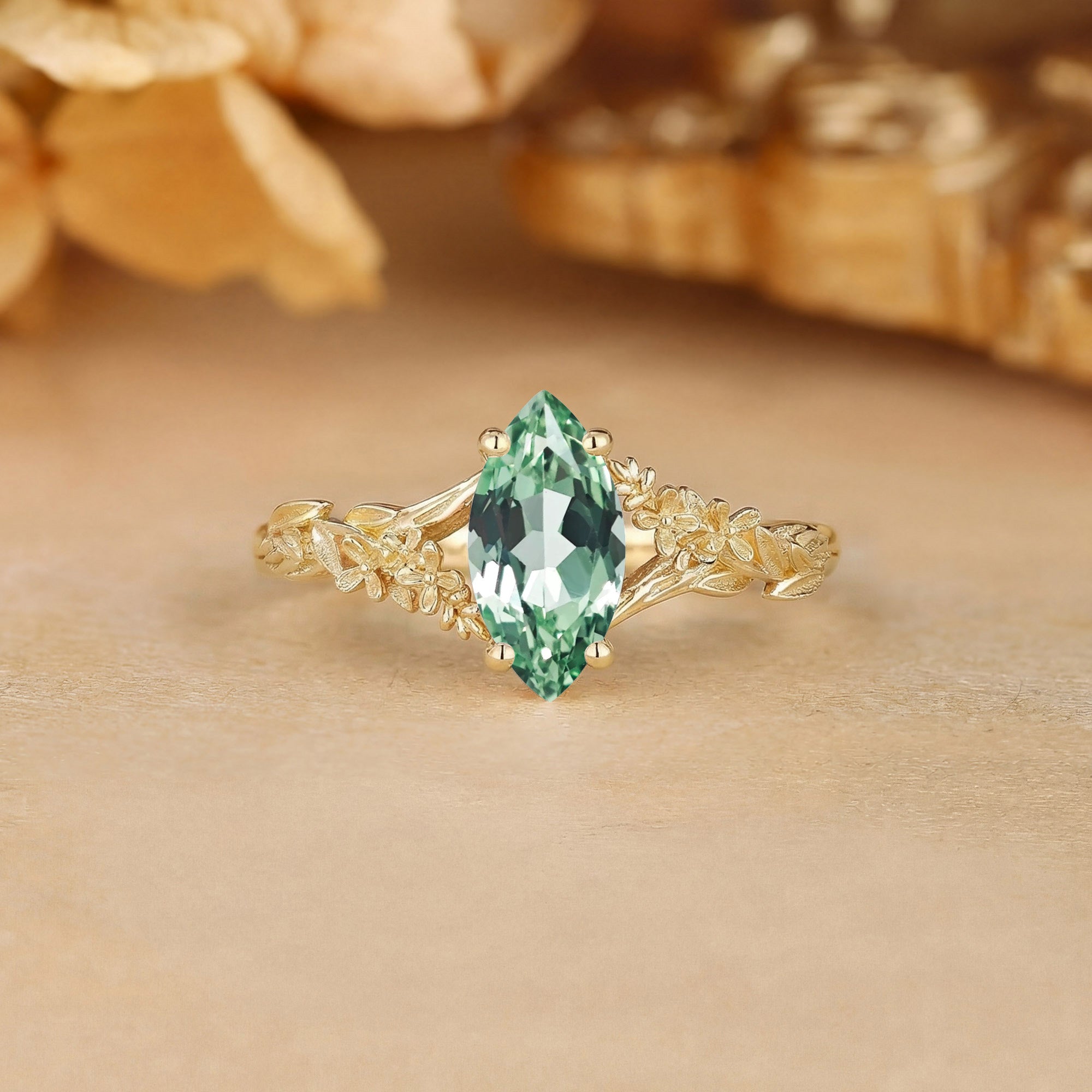 Flower Inspired Marquise Cut Green Sapphire Leafy Engagement Ring - Eulalie