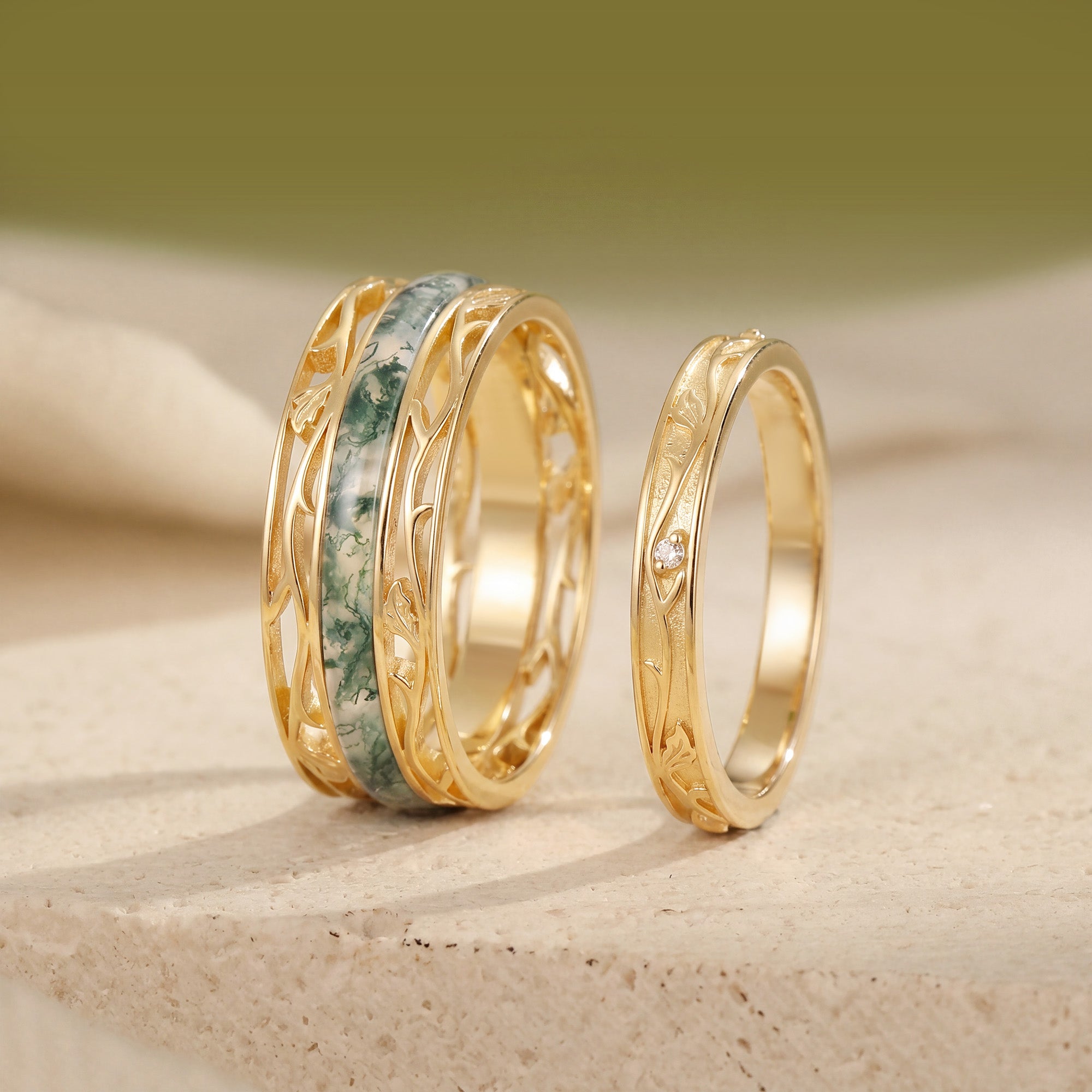 Moss Agate Inlay Engraved Anniversary Promise Couple Rings