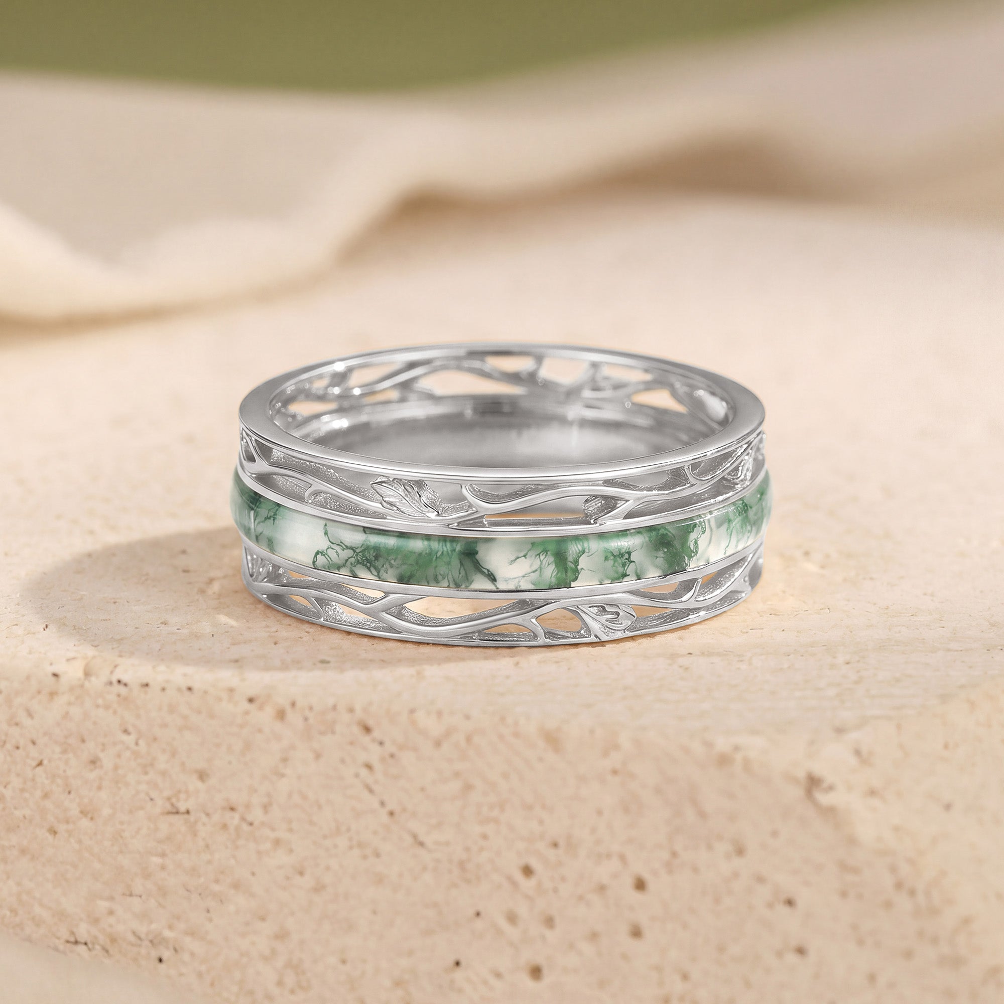 7MM Moss Agate Leaf Vine Branch Men‘s Ring