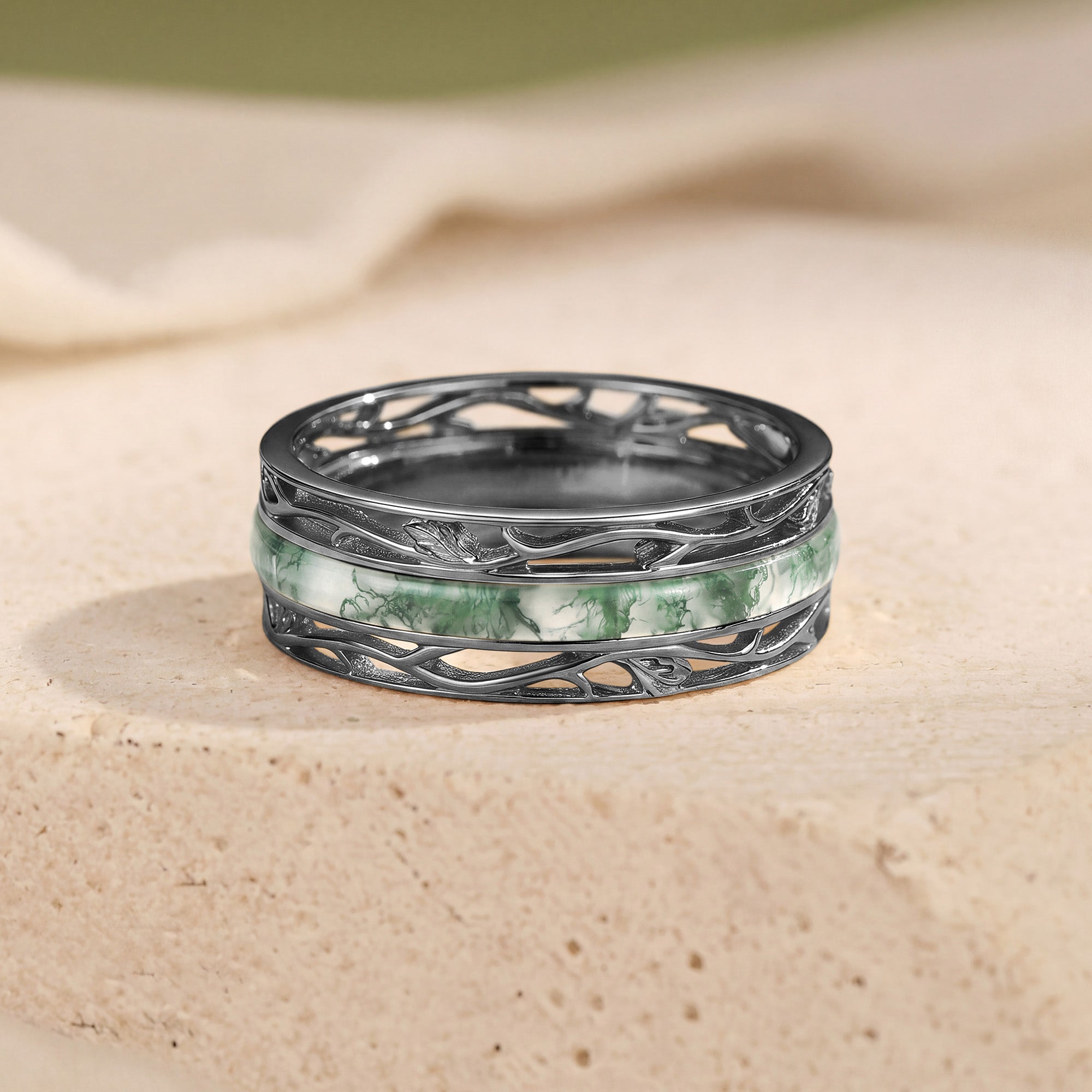 7MM Moss Agate Leaf Vine Branch Men‘s Ring
