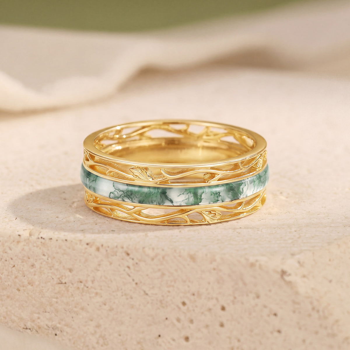 7MM Moss Agate Leaf Vine Branch Men‘s Ring