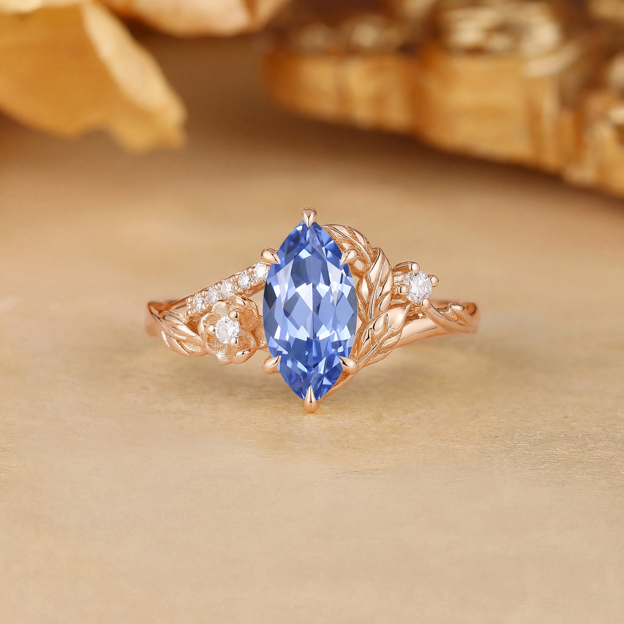 Flora Garden Marquise Cut Cornflower Blue Sapphire Flower Vintage Engagement Ring - Eleanor