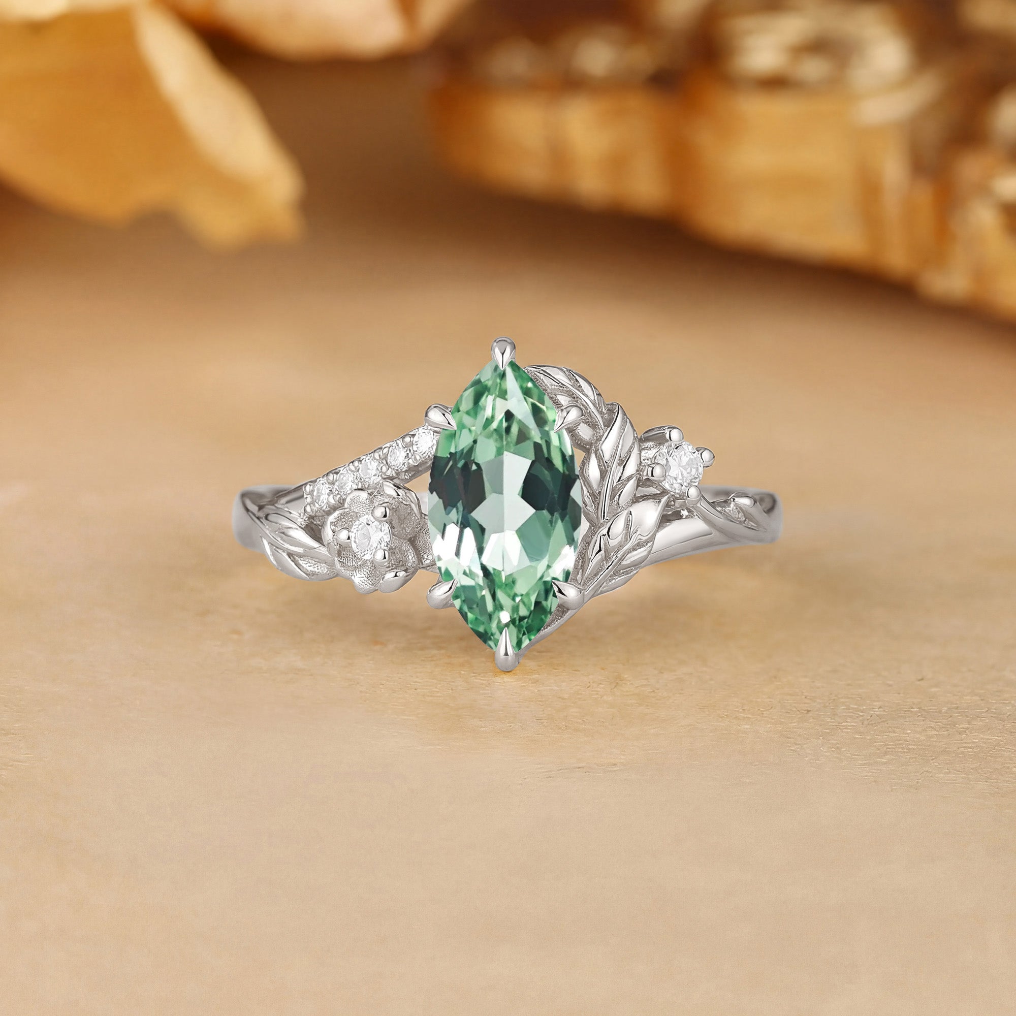 Flora Garden Marquise Cut Green Sapphire Flower Vintage Engagement Ring - Eleanor