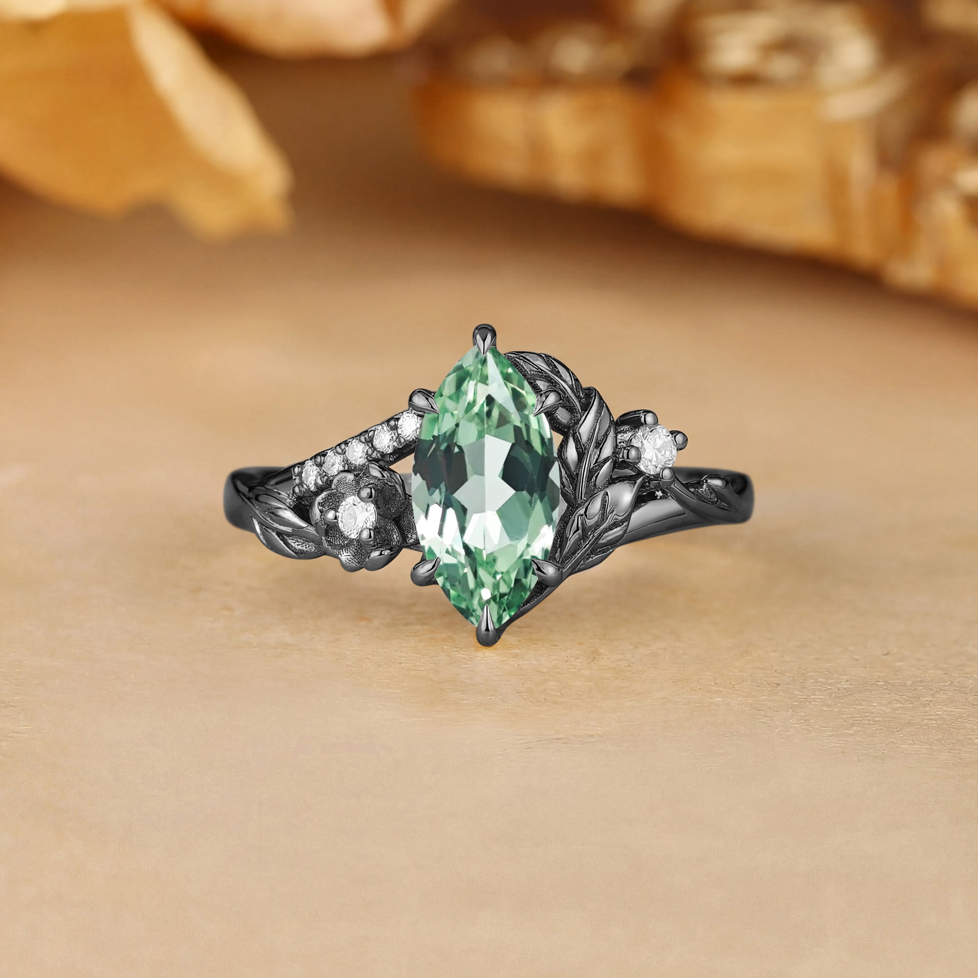 Flora Garden Marquise Cut Green Sapphire Flower Vintage Engagement Ring - Eleanor