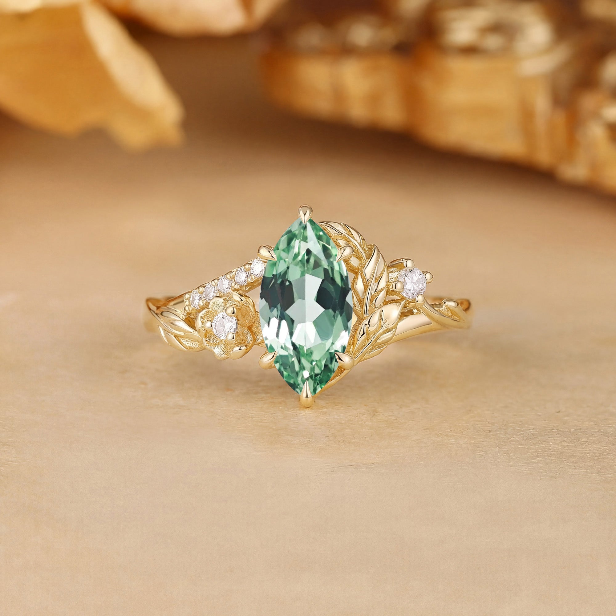 Flora Garden Marquise Cut Green Sapphire Flower Vintage Engagement Ring - Eleanor
