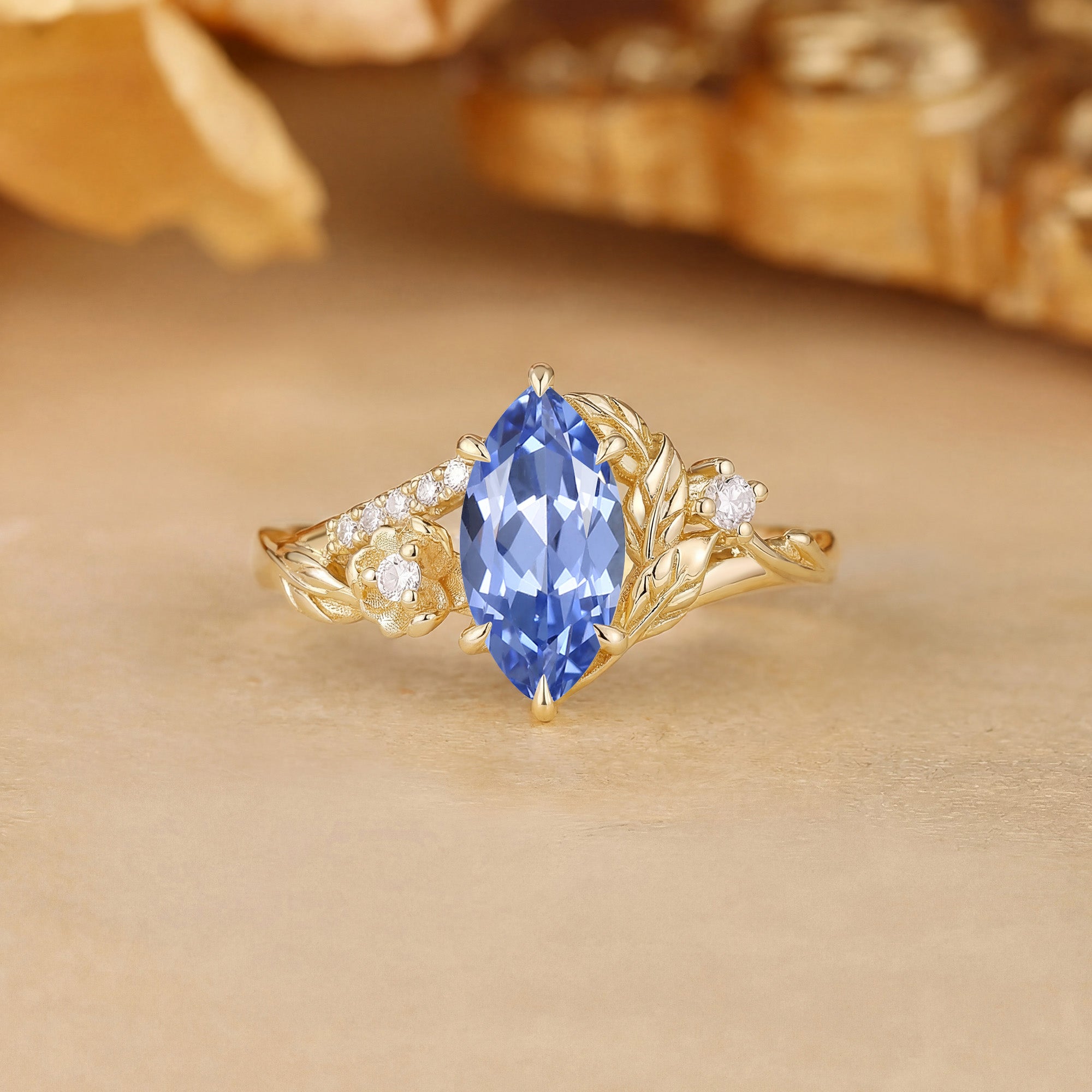 Flora Garden Marquise Cut Cornflower Blue Sapphire Flower Vintage Engagement Ring - Eleanor