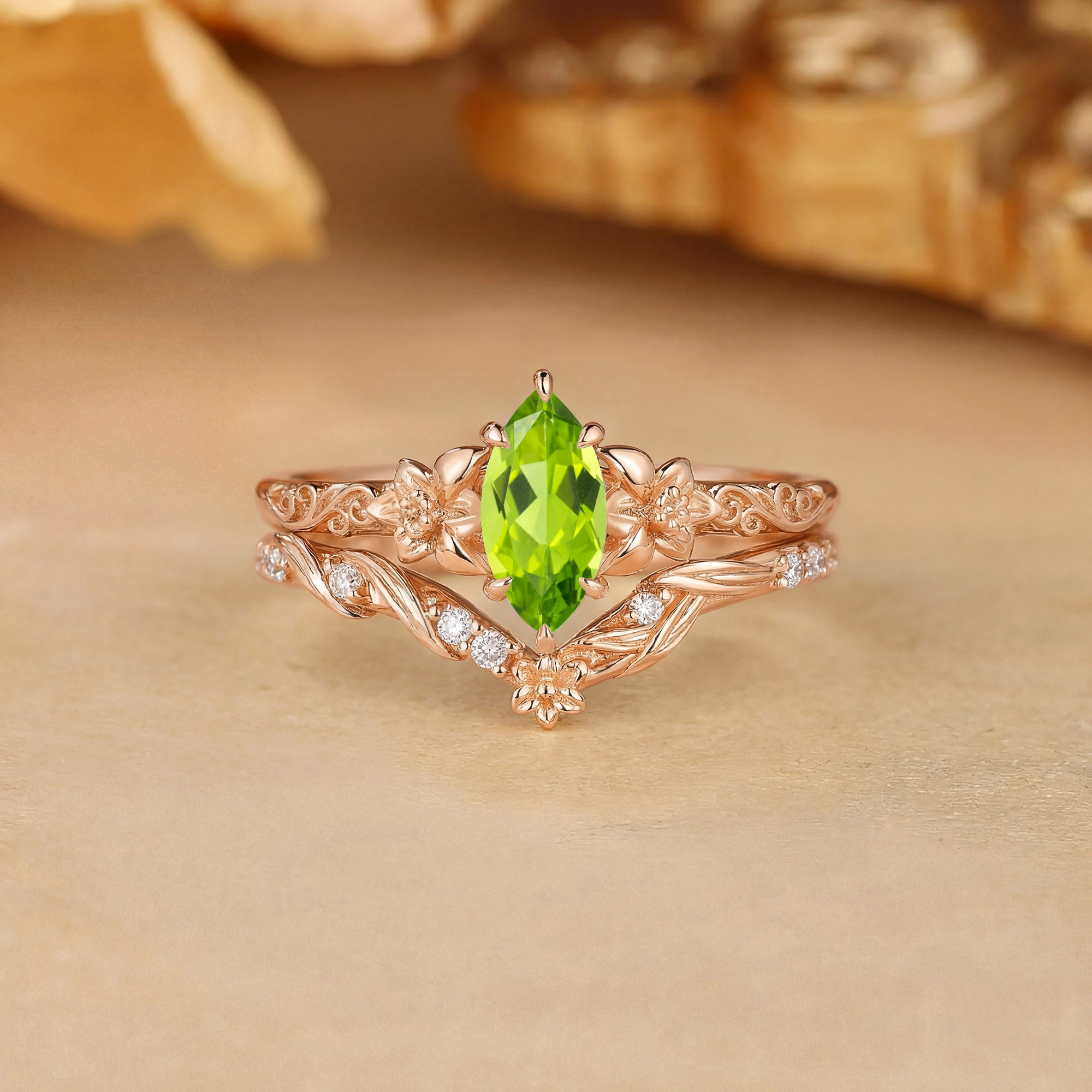 Garden Marquise Cut Peridot Flower Filigree Bridal Set 2pcs - Feuille