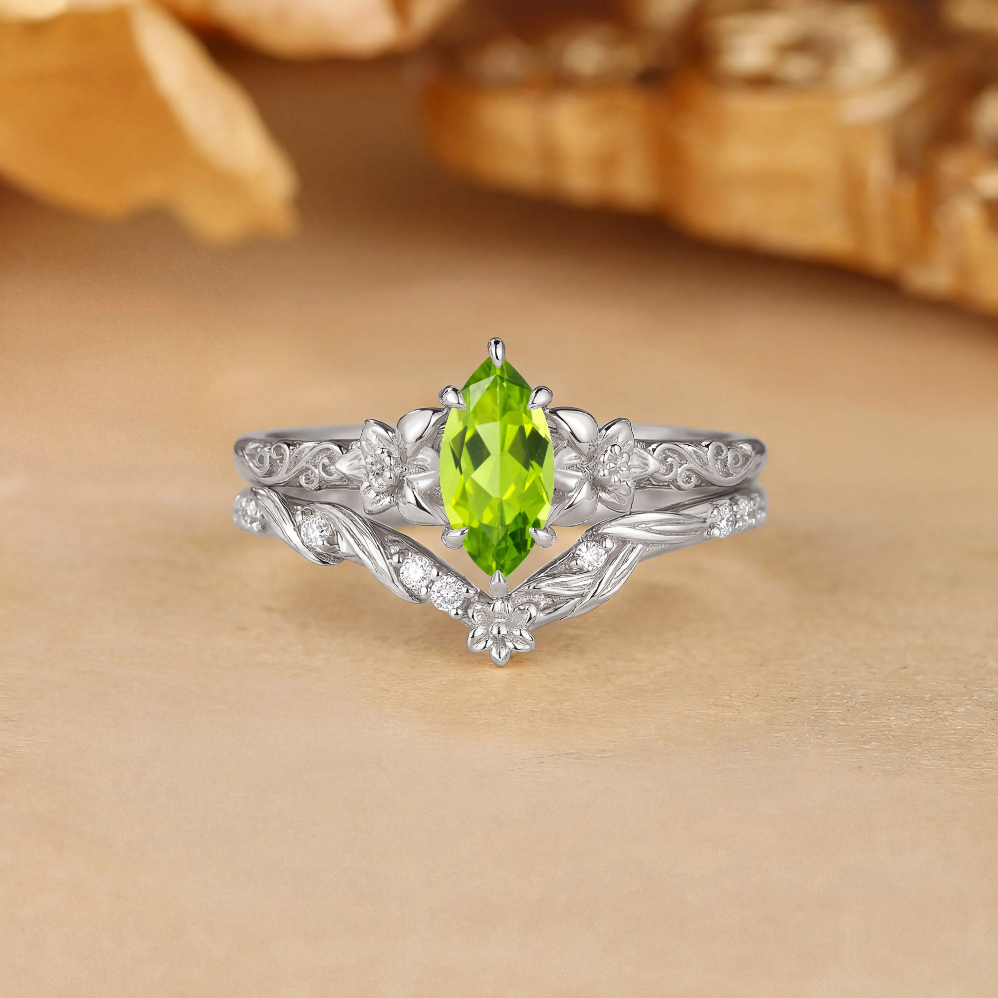 Garden Marquise Cut Peridot Flower Filigree Bridal Set 2pcs - Feuille