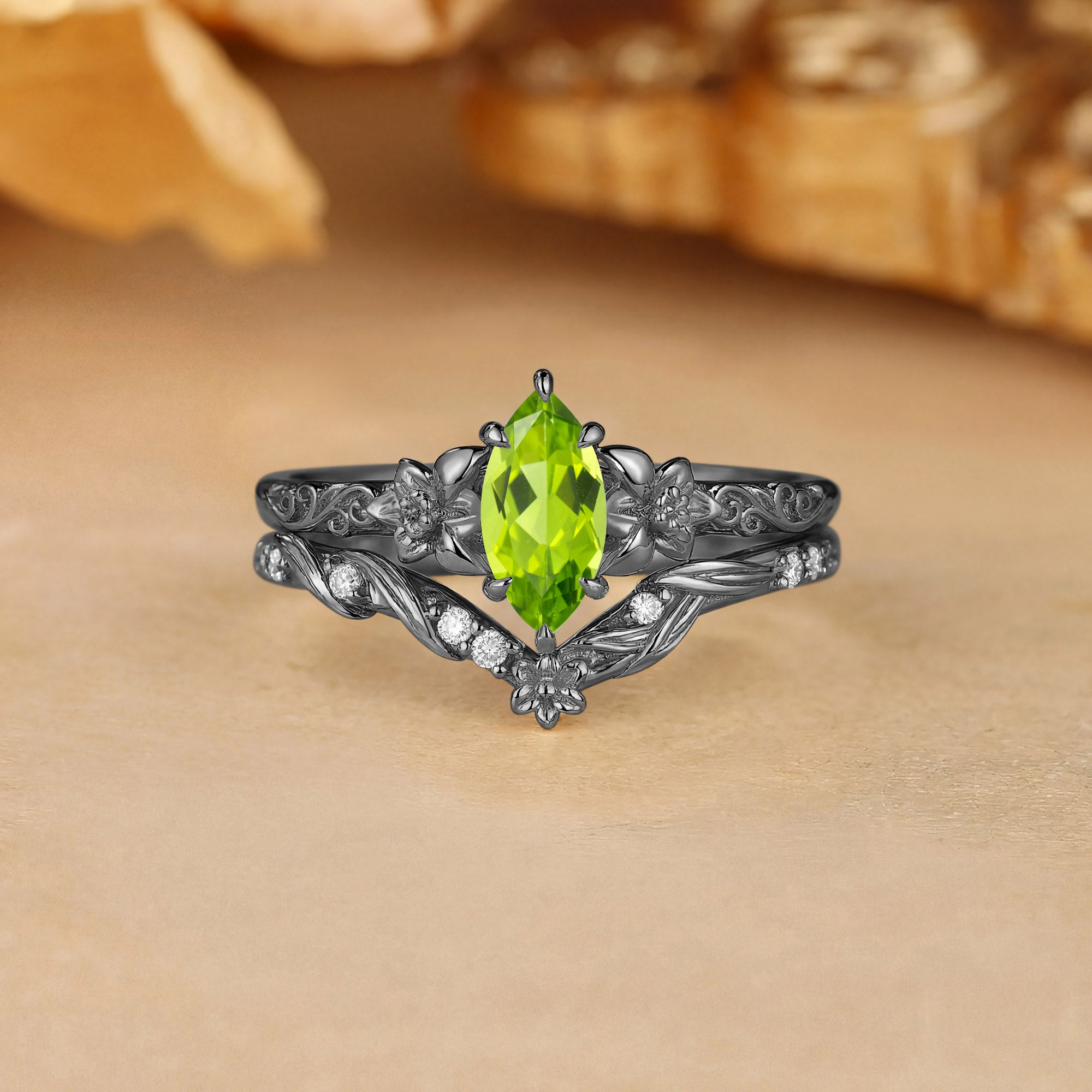 Garden Marquise Cut Peridot Flower Filigree Bridal Set 2pcs - Feuille