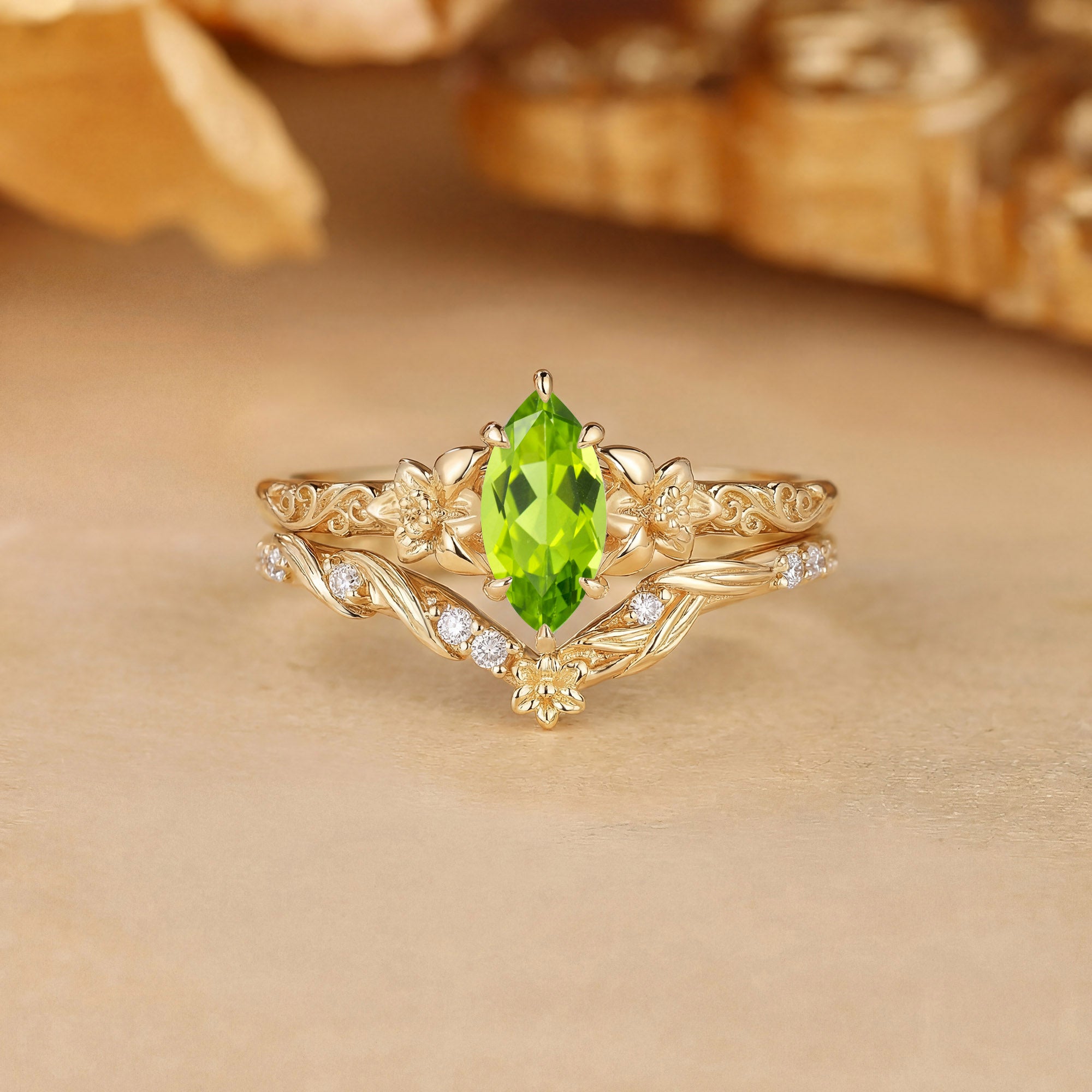 Garden Marquise Cut Peridot Flower Filigree Bridal Set 2pcs - Feuille