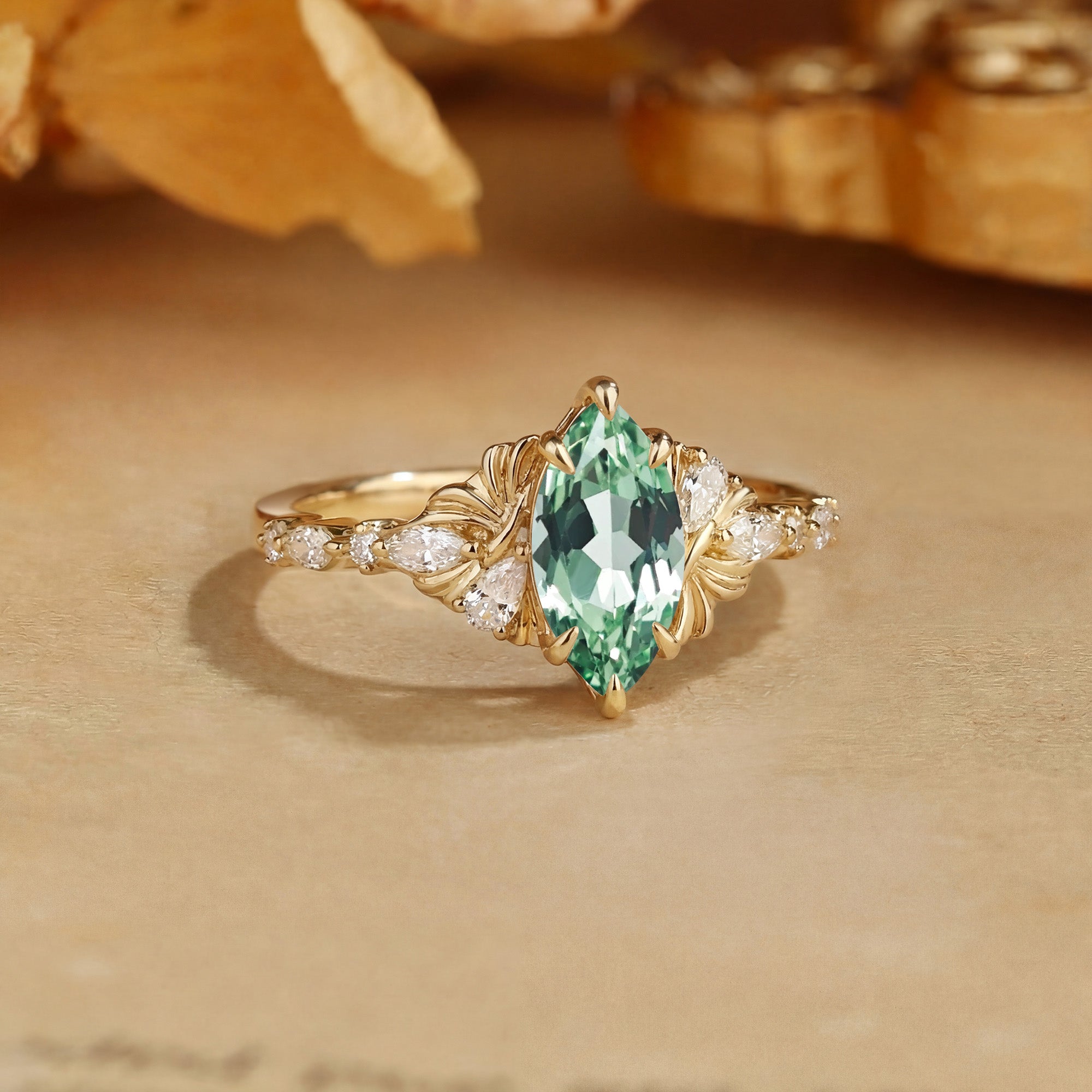 Unique Marquise Cut Green Sapphire Ginkgo Leaf Engagement Ring - Lyric