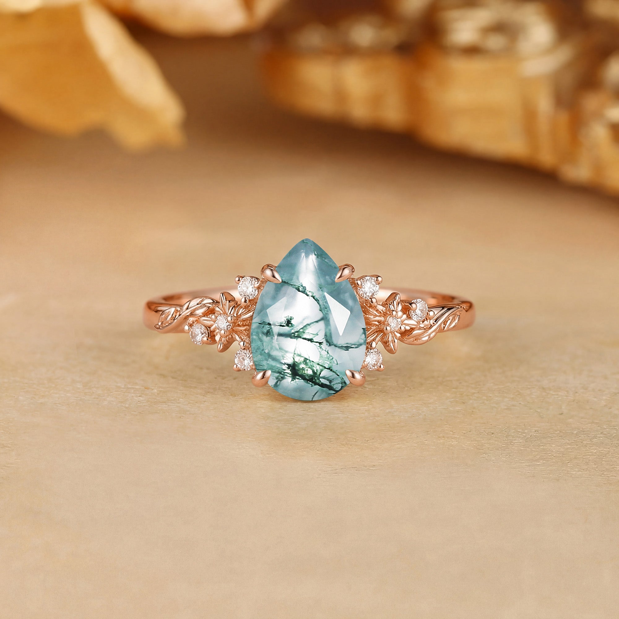 Floral Pear Cut Moss Agate Flower Leafy Engagement Ring - Citronella