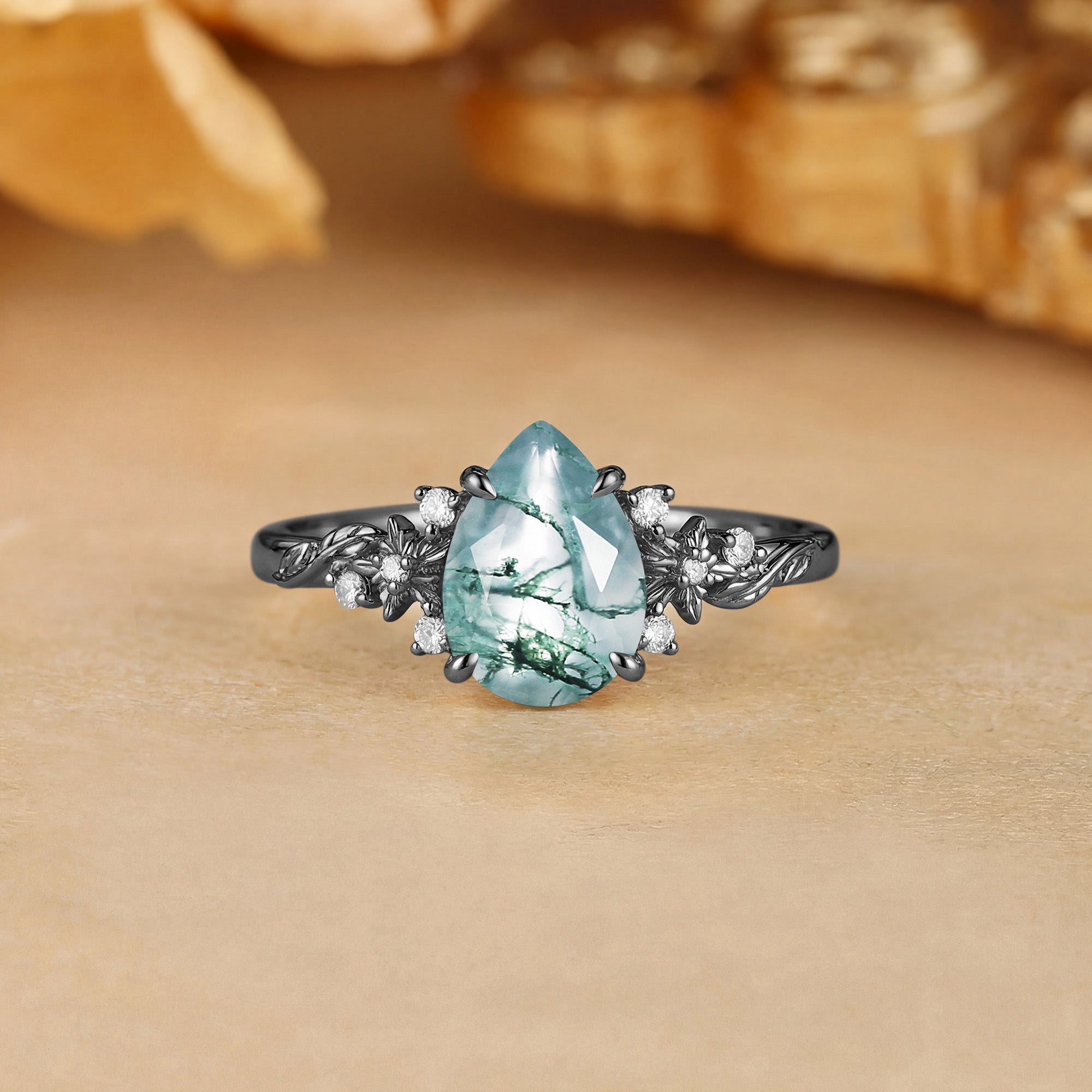 Floral Pear Cut Moss Agate Flower Leafy Engagement Ring - Citronella