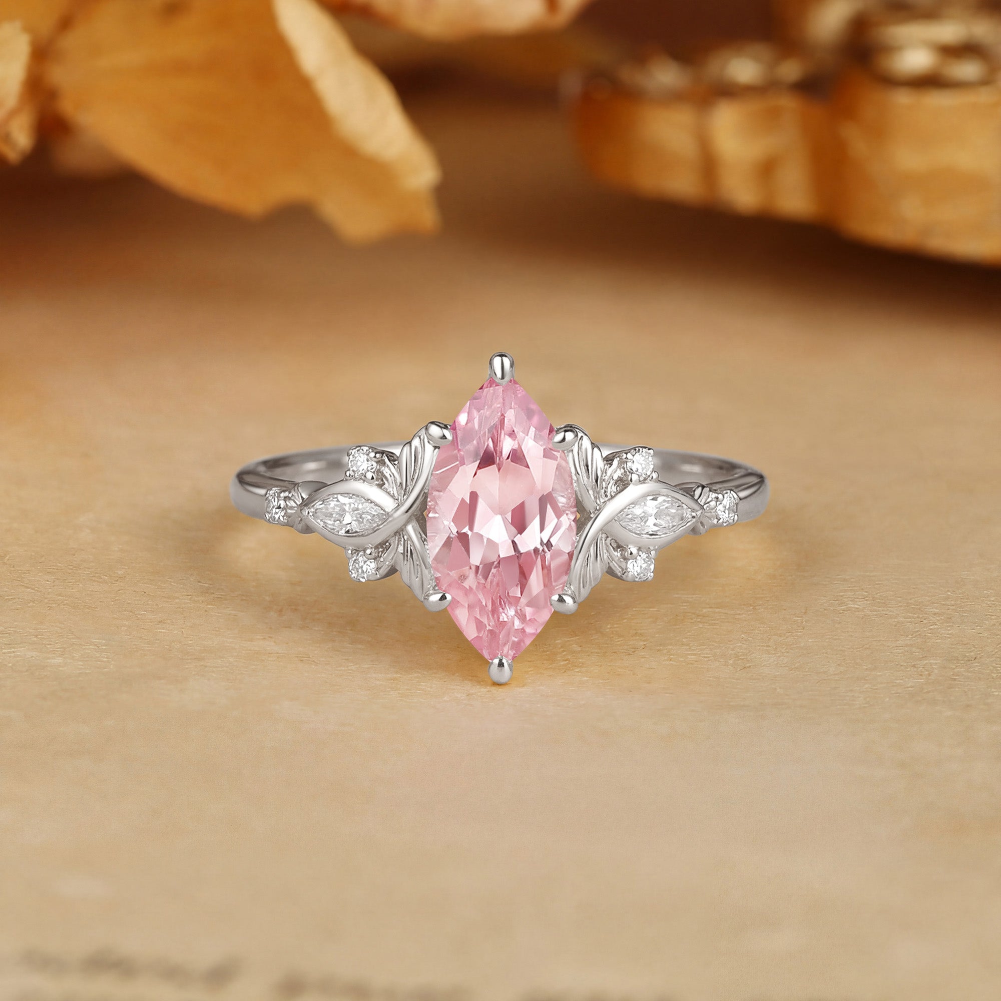 Forest Fariy Marquise Cut Pink Sapphire Leafy Engagement Ring - Letitia