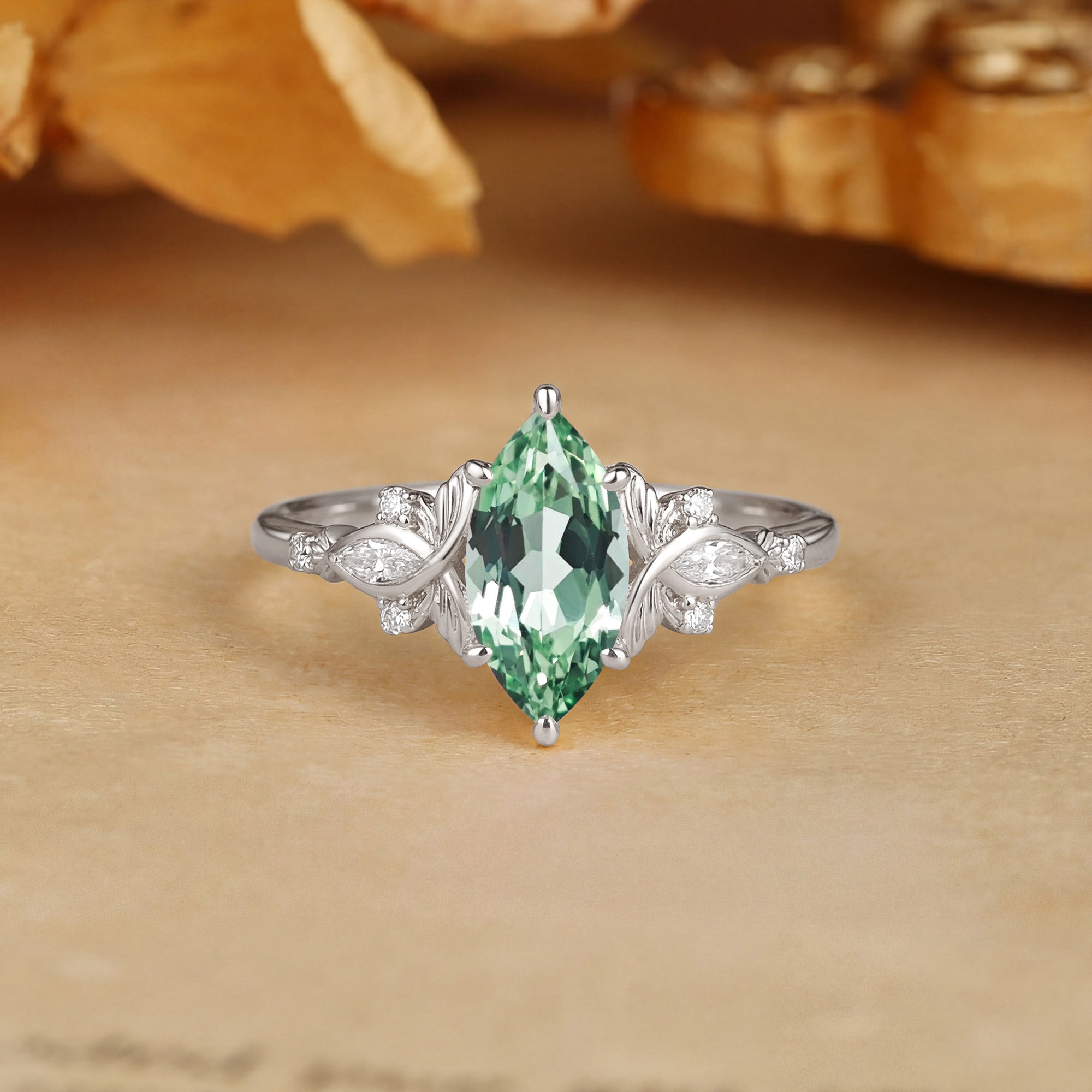 Forest Fairy Marquise Cut Green Sapphire Leafy Engagement Ring - Letitia