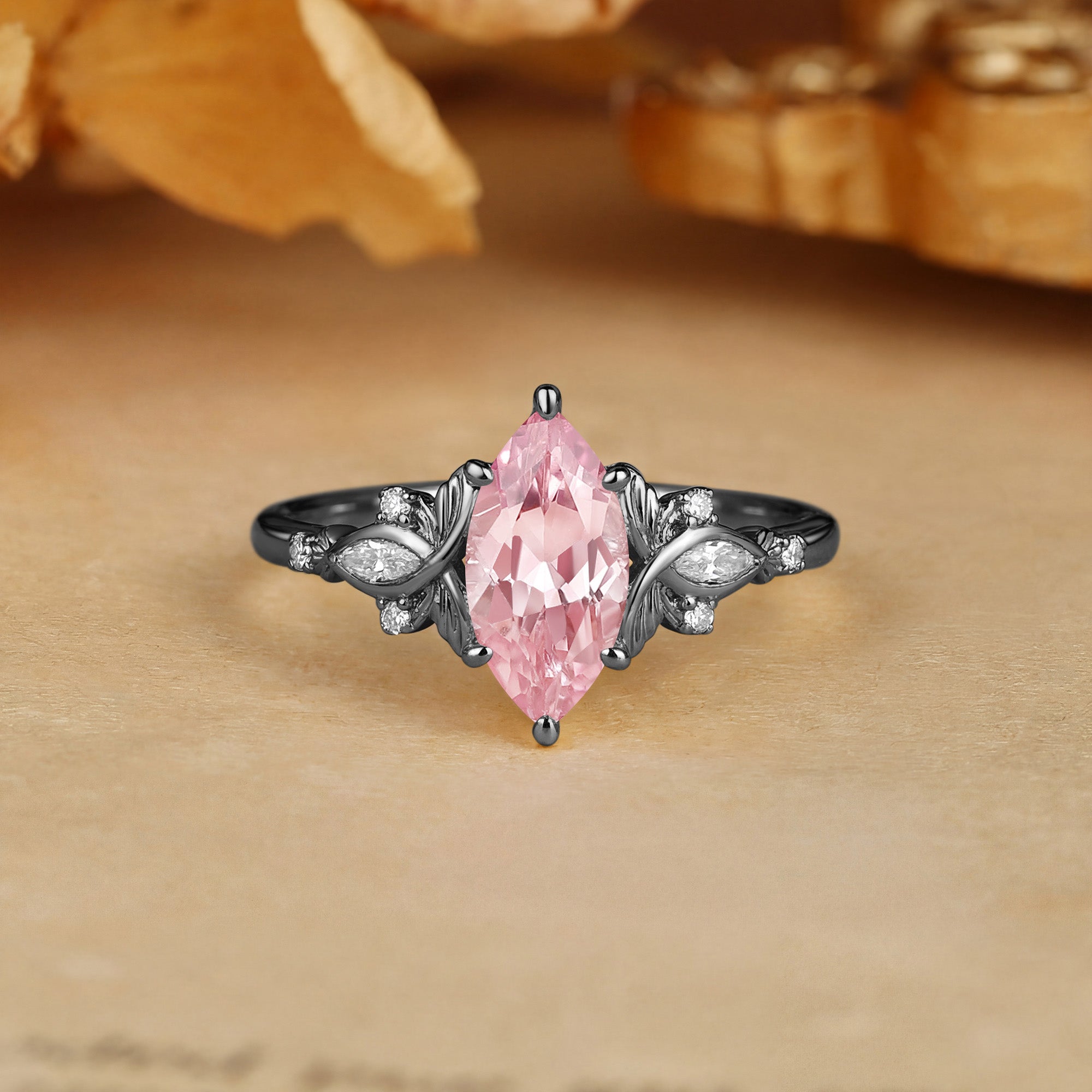 Forest Fariy Marquise Cut Pink Sapphire Leafy Engagement Ring - Letitia