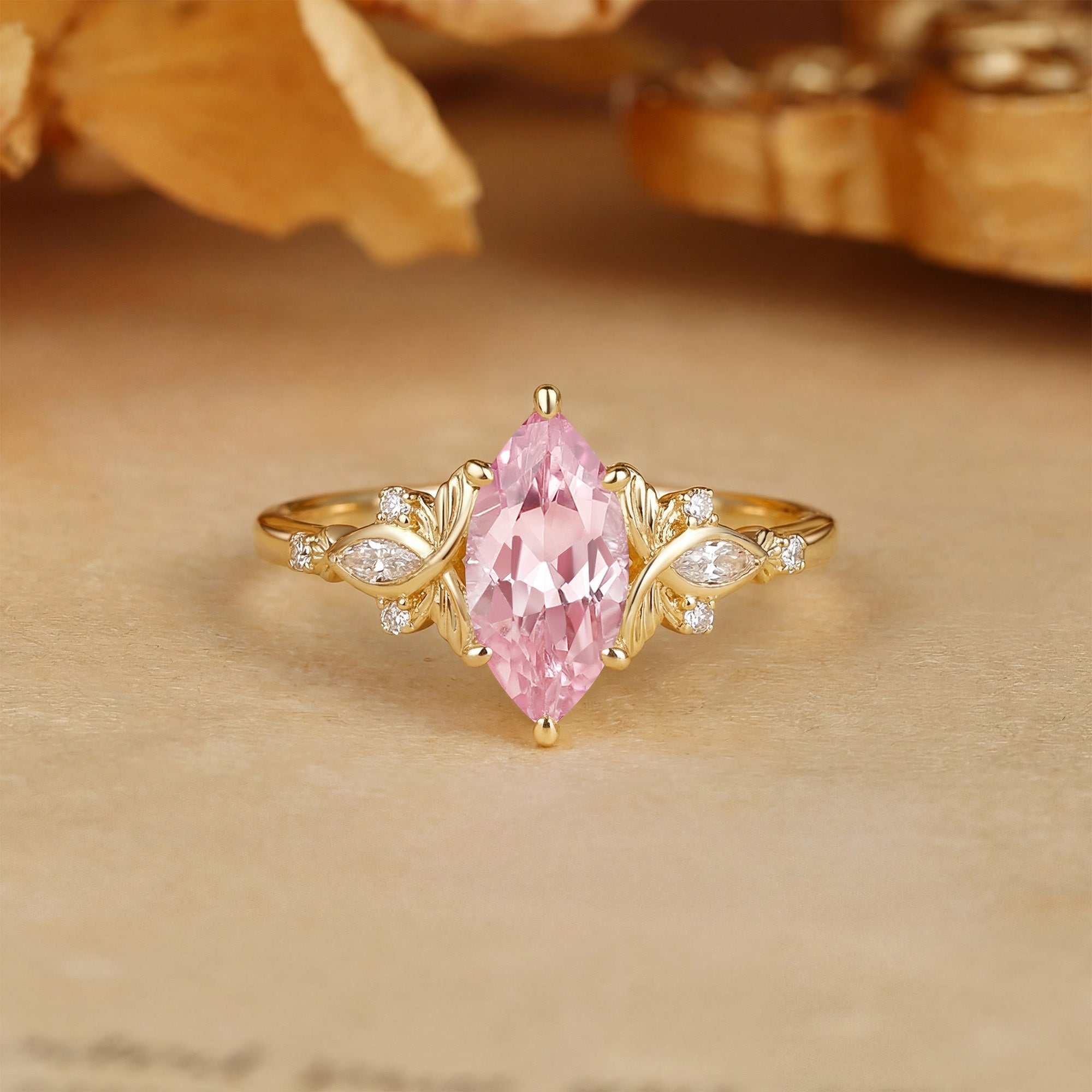 Forest Fairy Marquise Cut Pink Sapphire Leafy Engagement Ring - Letitia