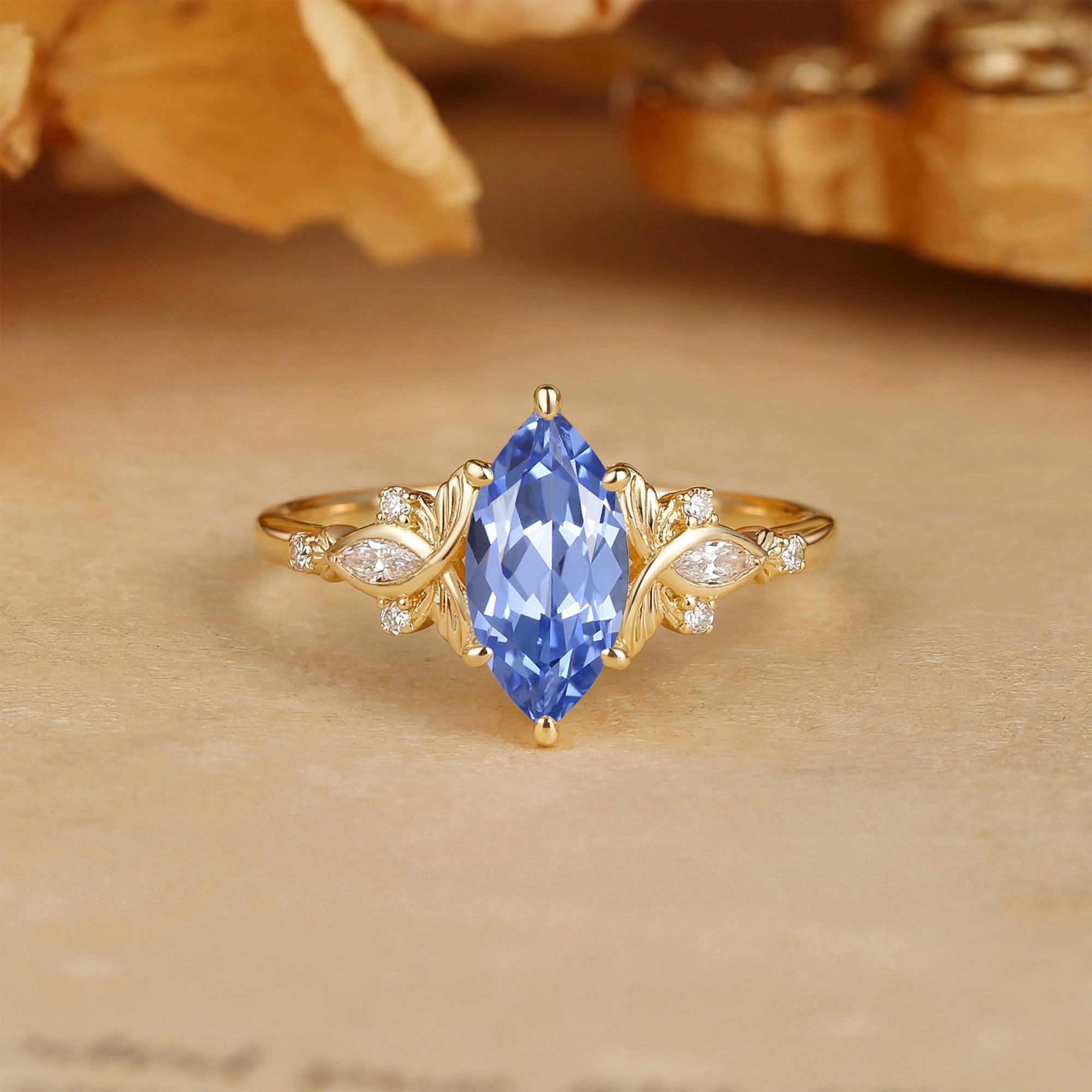 Forest Fairy Marquise Cut Cornflower Blue Sapphire Butterfly Engagement Ring - Letitia