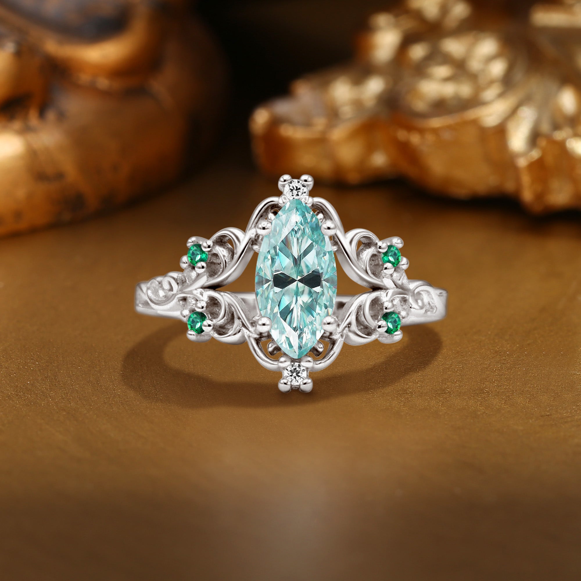 Marquise Green Moissanite Filigree Royalcore Wedding Ring - Lois