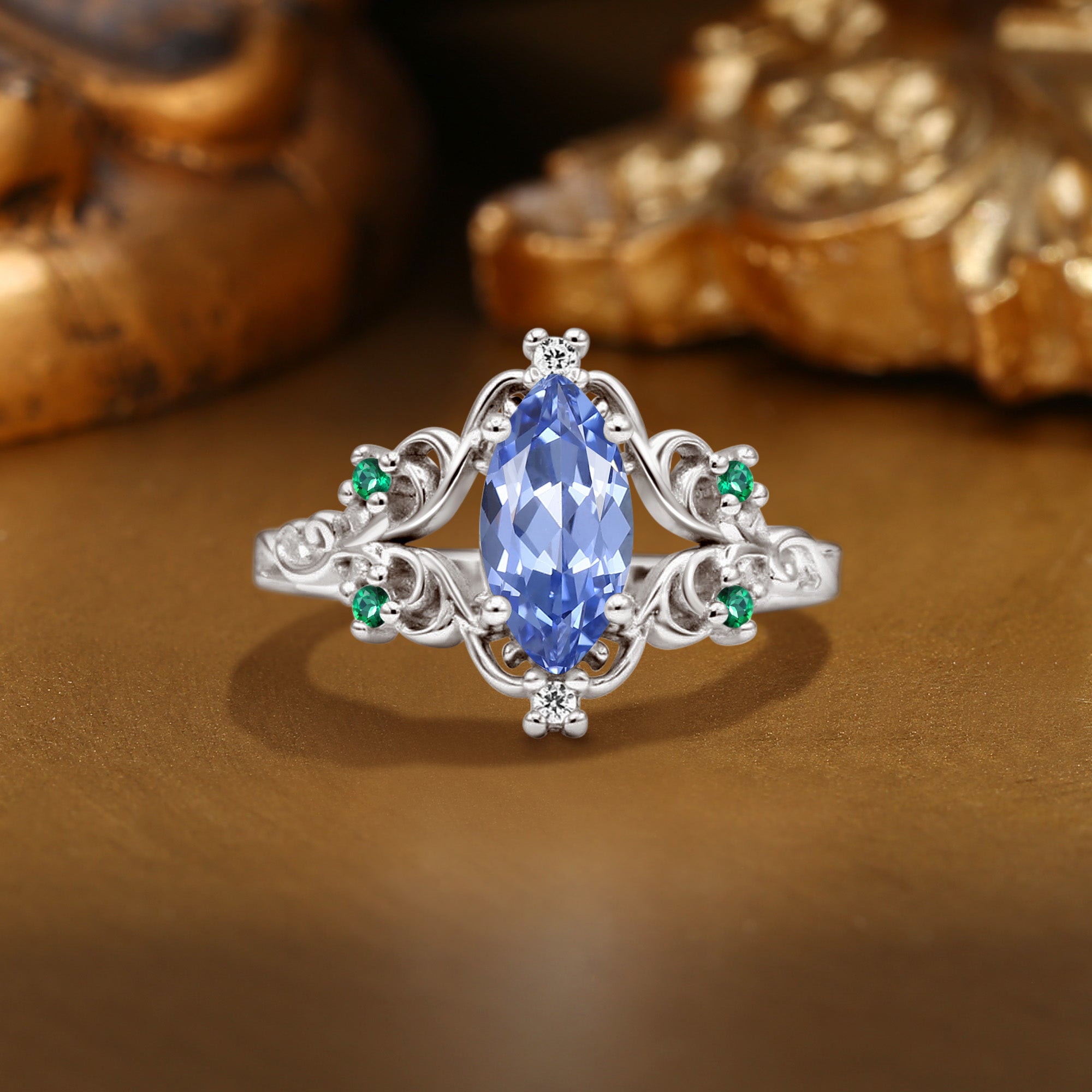 Marquise Cornflower Blue Sapphire Filigree Royalcore Wedding Ring - Lois