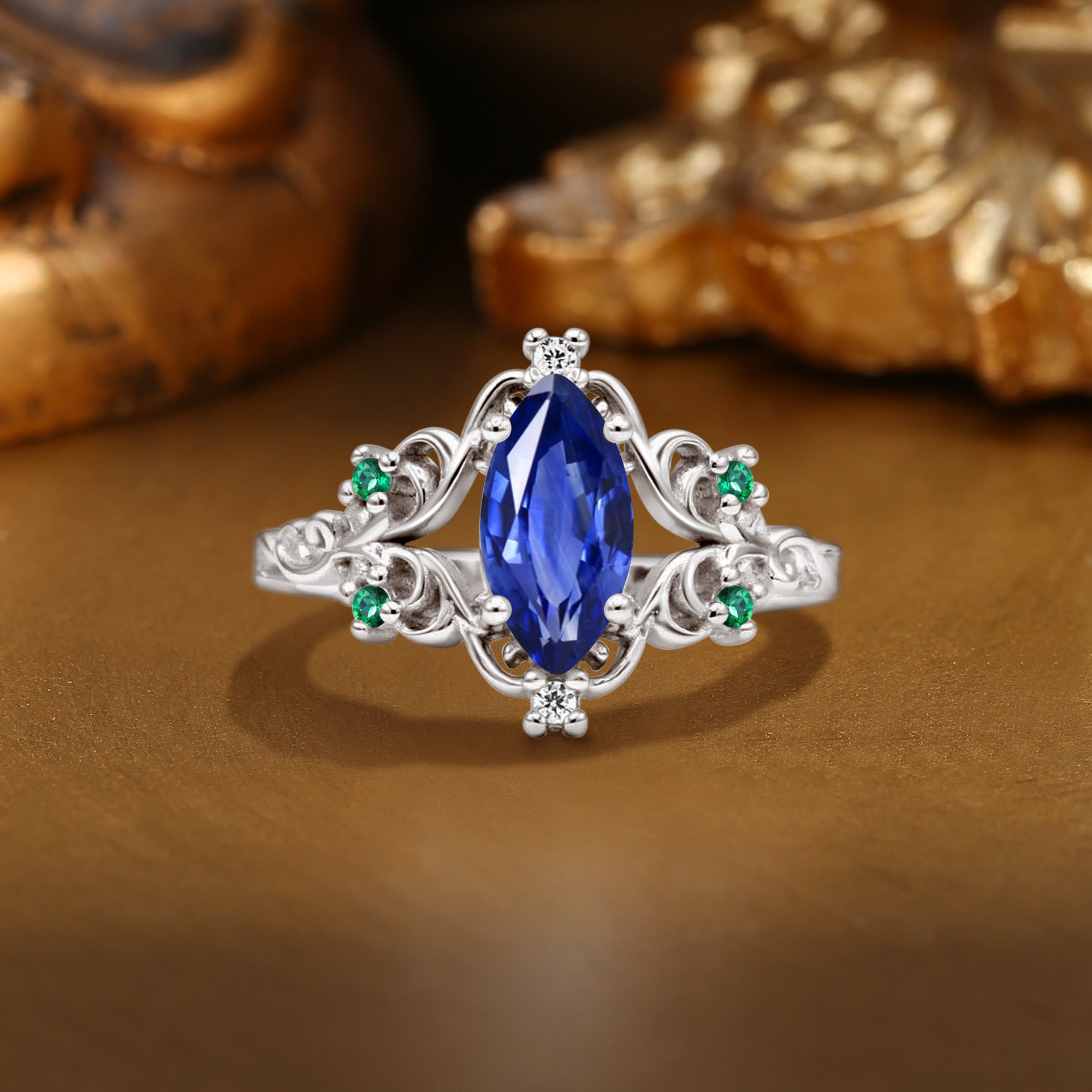 Marquise Blue Sapphire Filigree Royalcore Wedding Ring - Lois