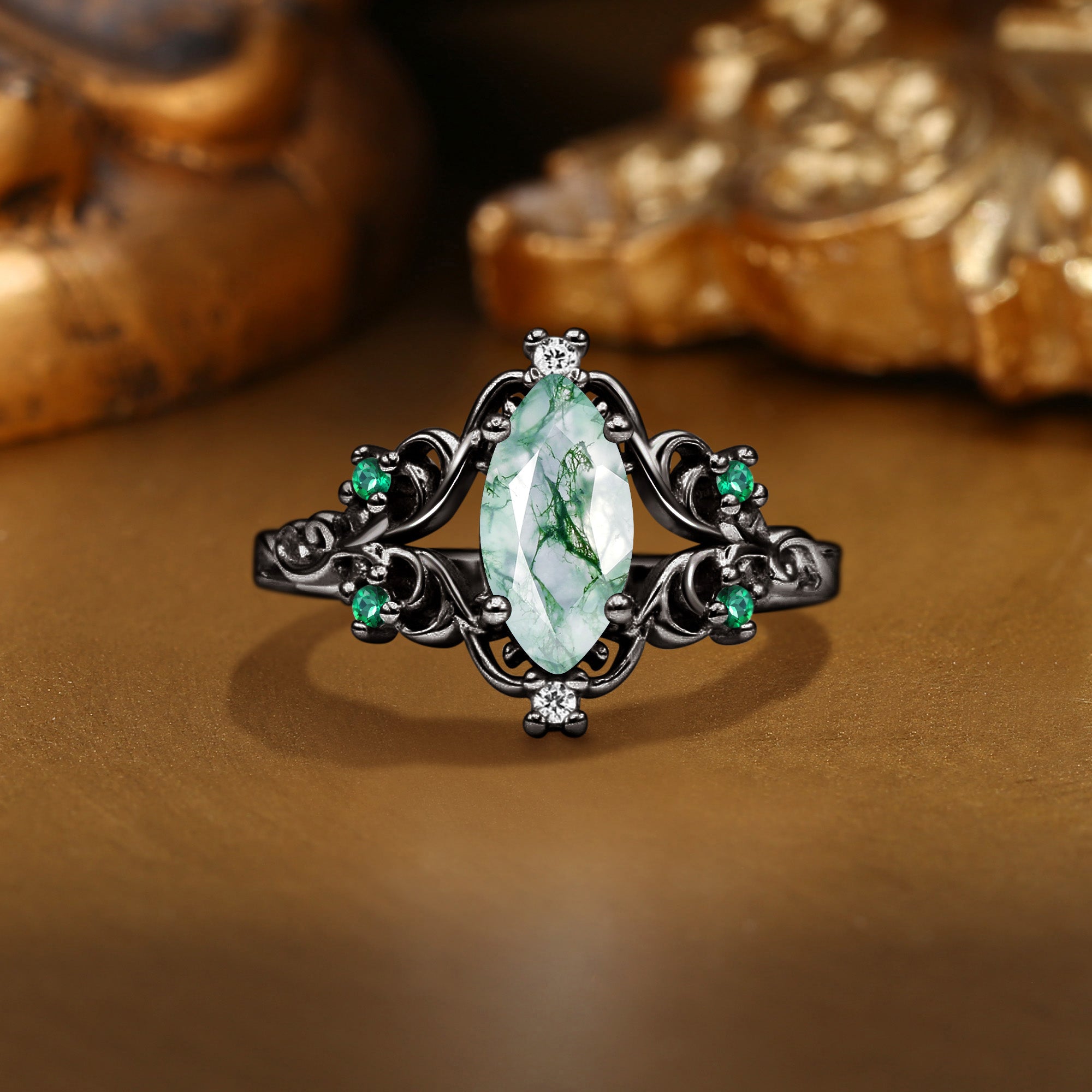 Marquise Moss Agate Filigree Royalcore Wedding Ring - Lois