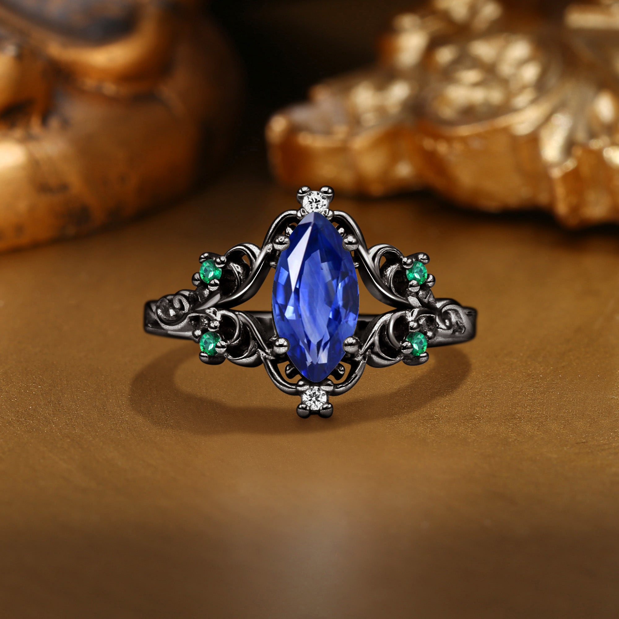 Marquise Blue Sapphire Filigree Royalcore Wedding Ring - Lois