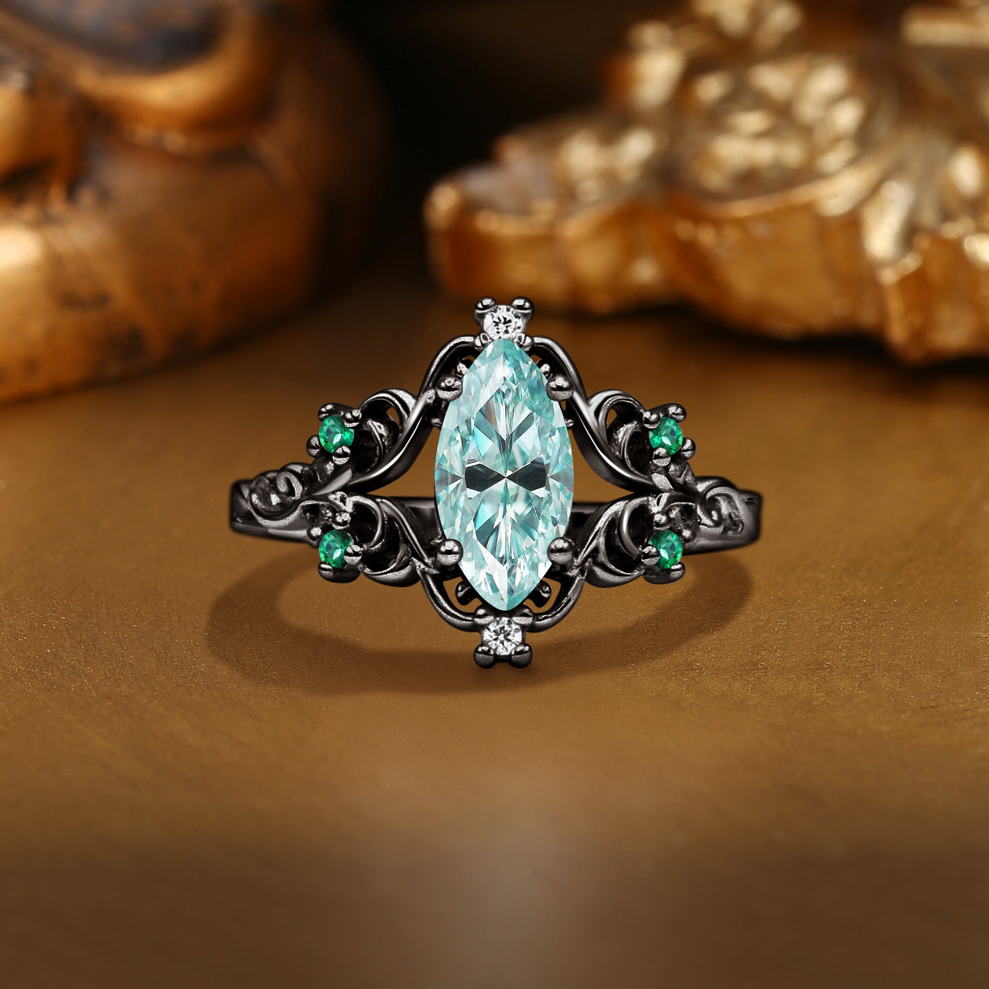 Marquise Green Moissanite Filigree Royalcore Wedding Ring - Lois