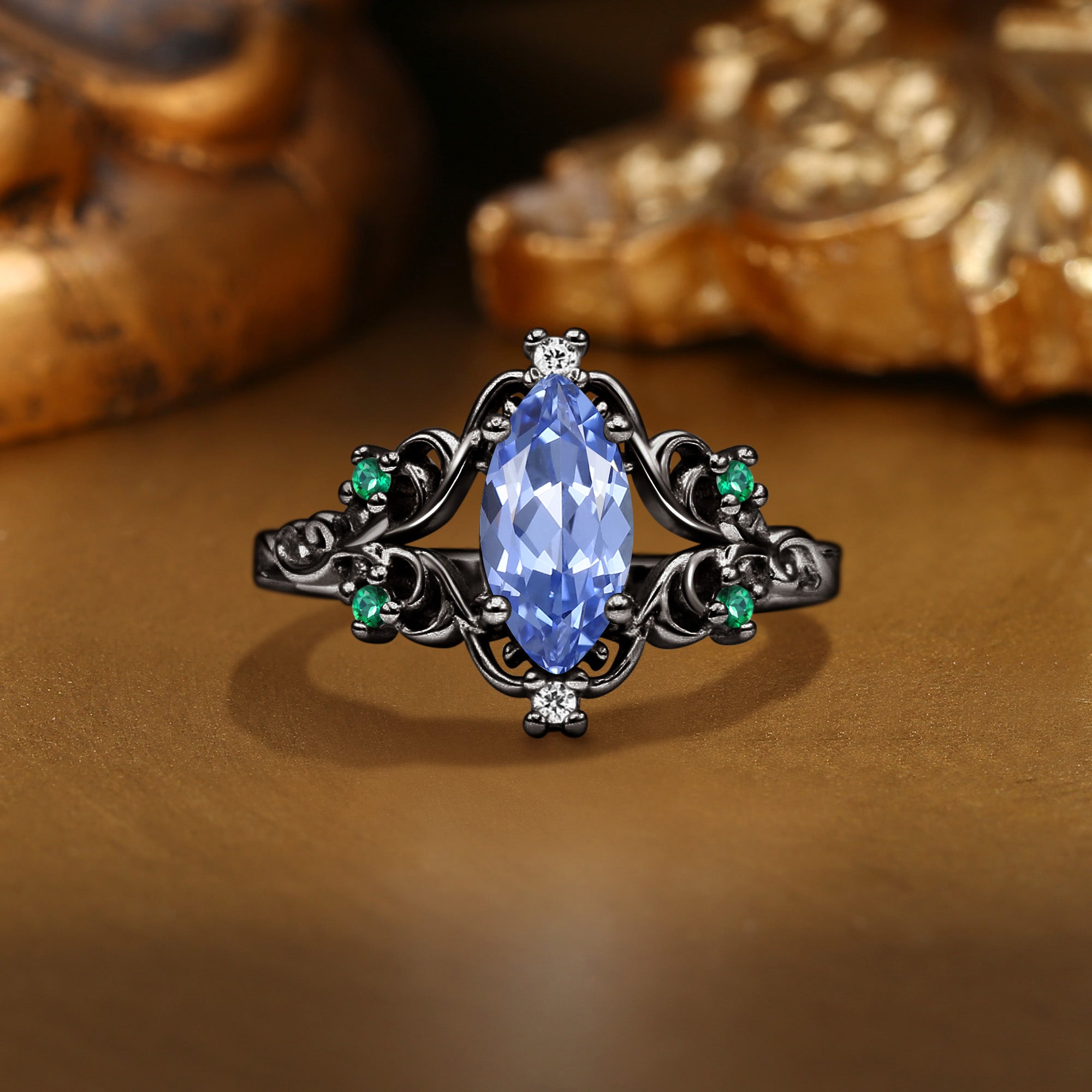 Marquise Cornflower Blue Sapphire Filigree Royalcore Wedding Ring - Lois