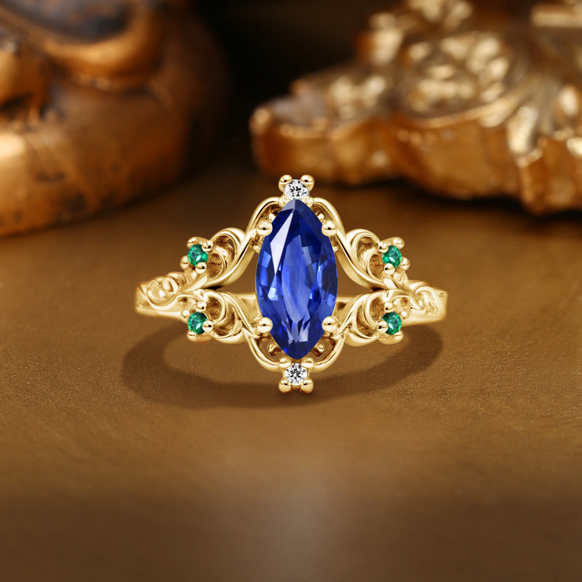 Marquise Blue Sapphire Filigree Royalcore Wedding Ring - Lois