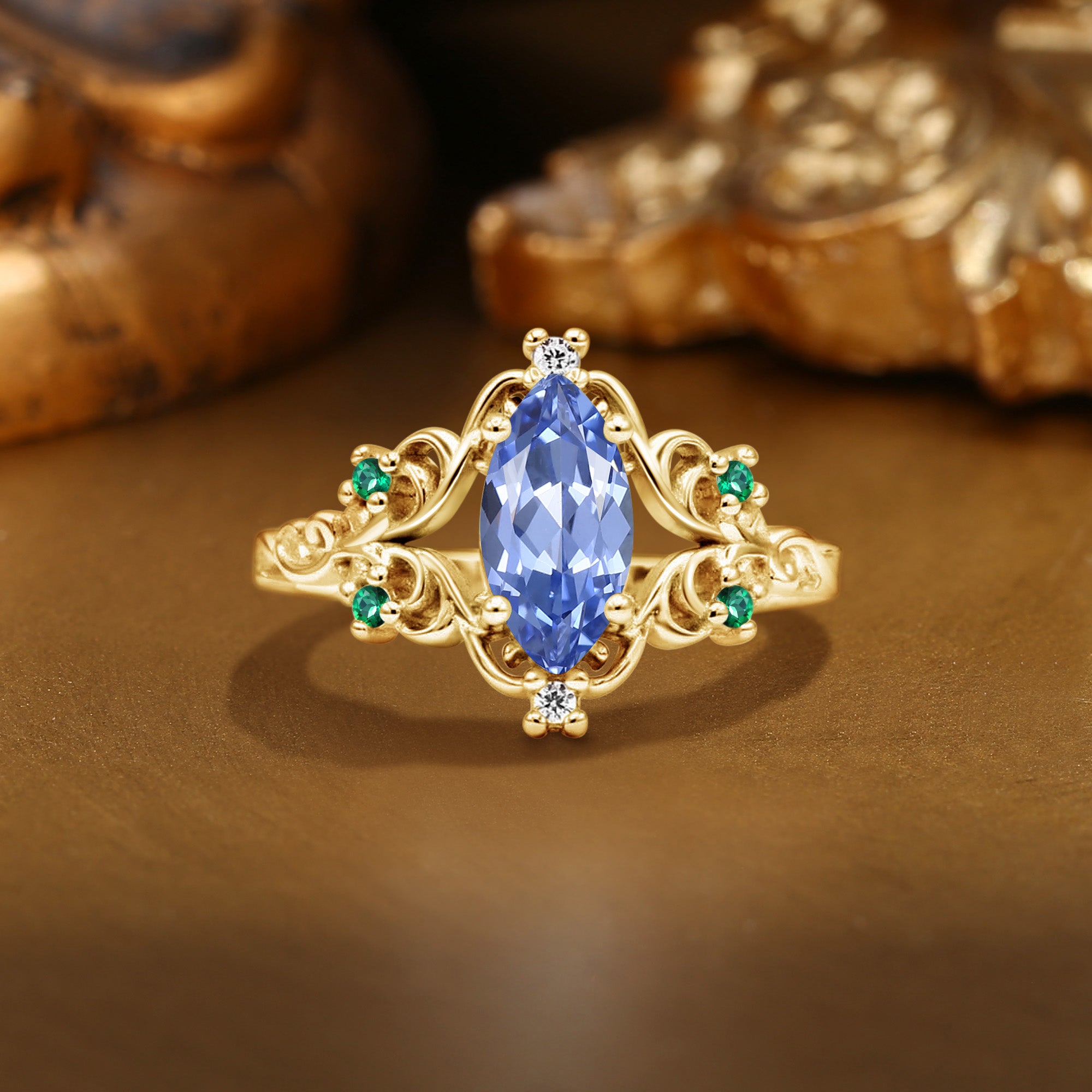 Marquise Cornflower Blue Sapphire Filigree Royalcore Wedding Ring - Lois