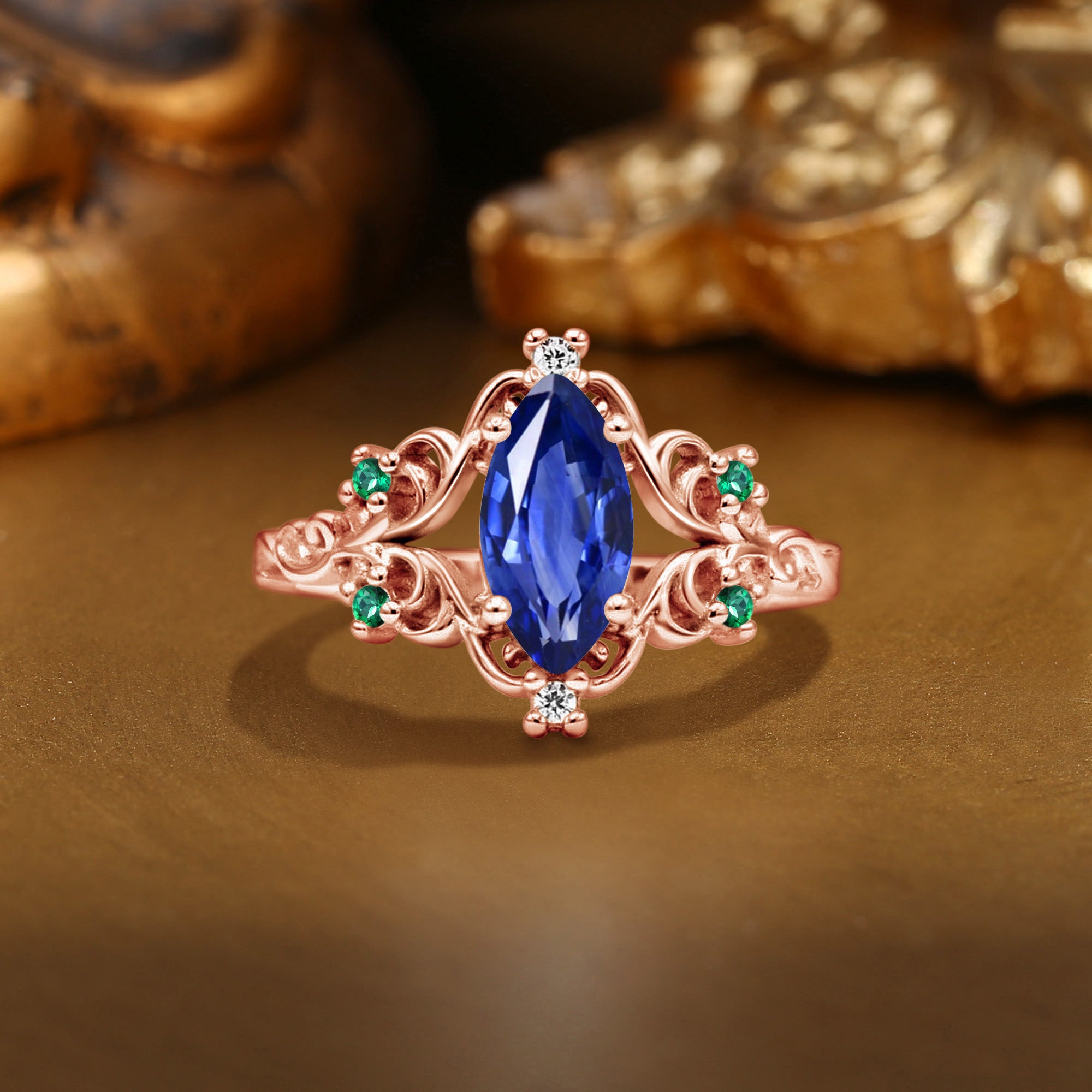 Marquise Blue Sapphire Filigree Royalcore Wedding Ring - Lois