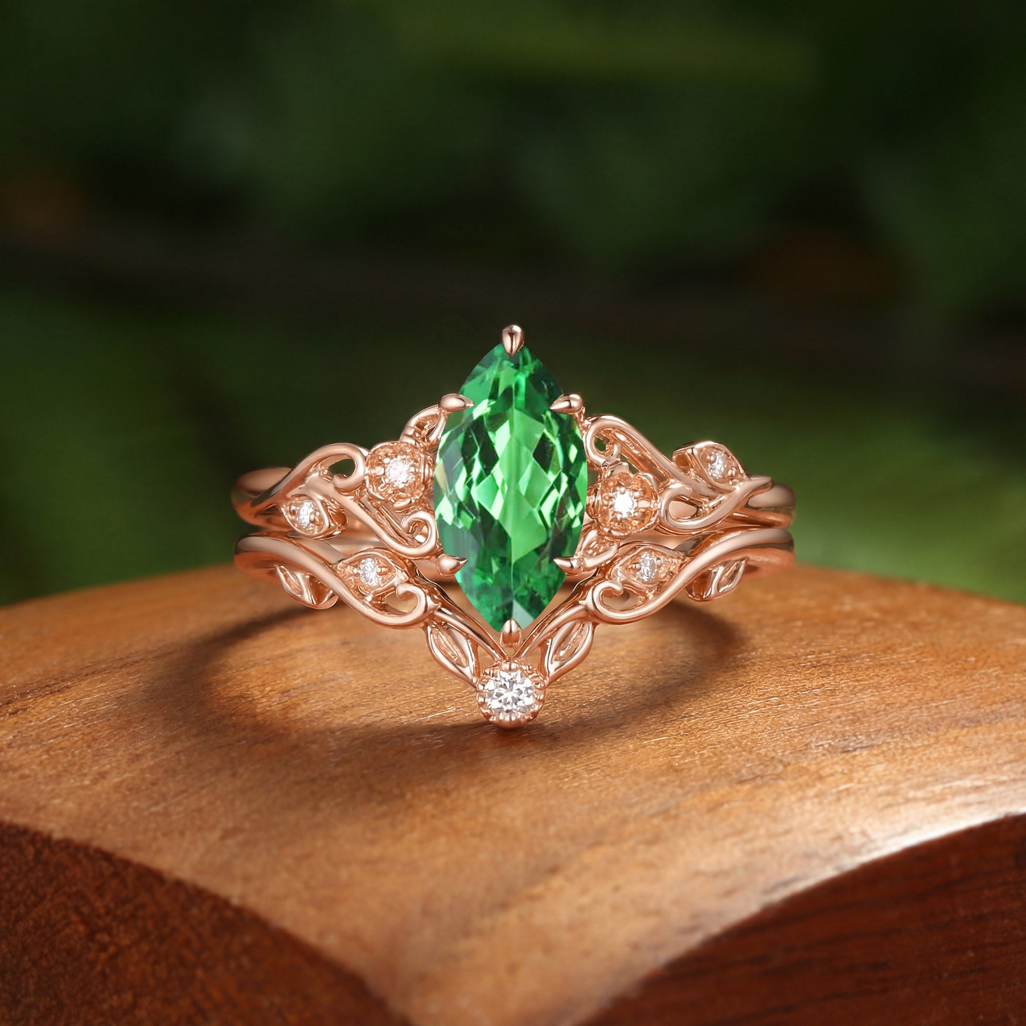 Forest Fairy Marquise Cut Tsavorite Twist Leafy Bridal Set 2pcs - Feodora