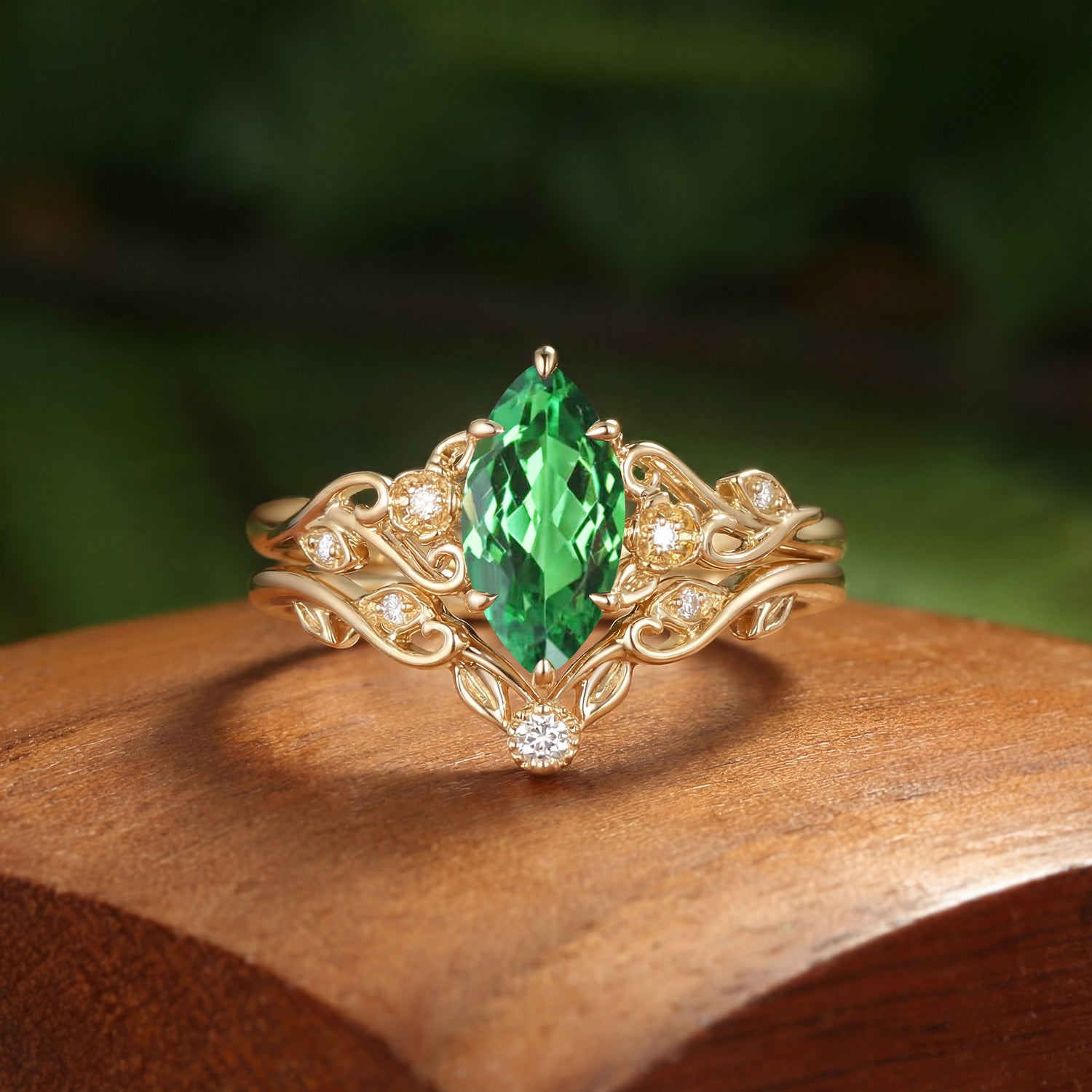 Forest Fairy Marquise Cut Tsavorite Twist Leafy Bridal Set 2pcs - Feodora