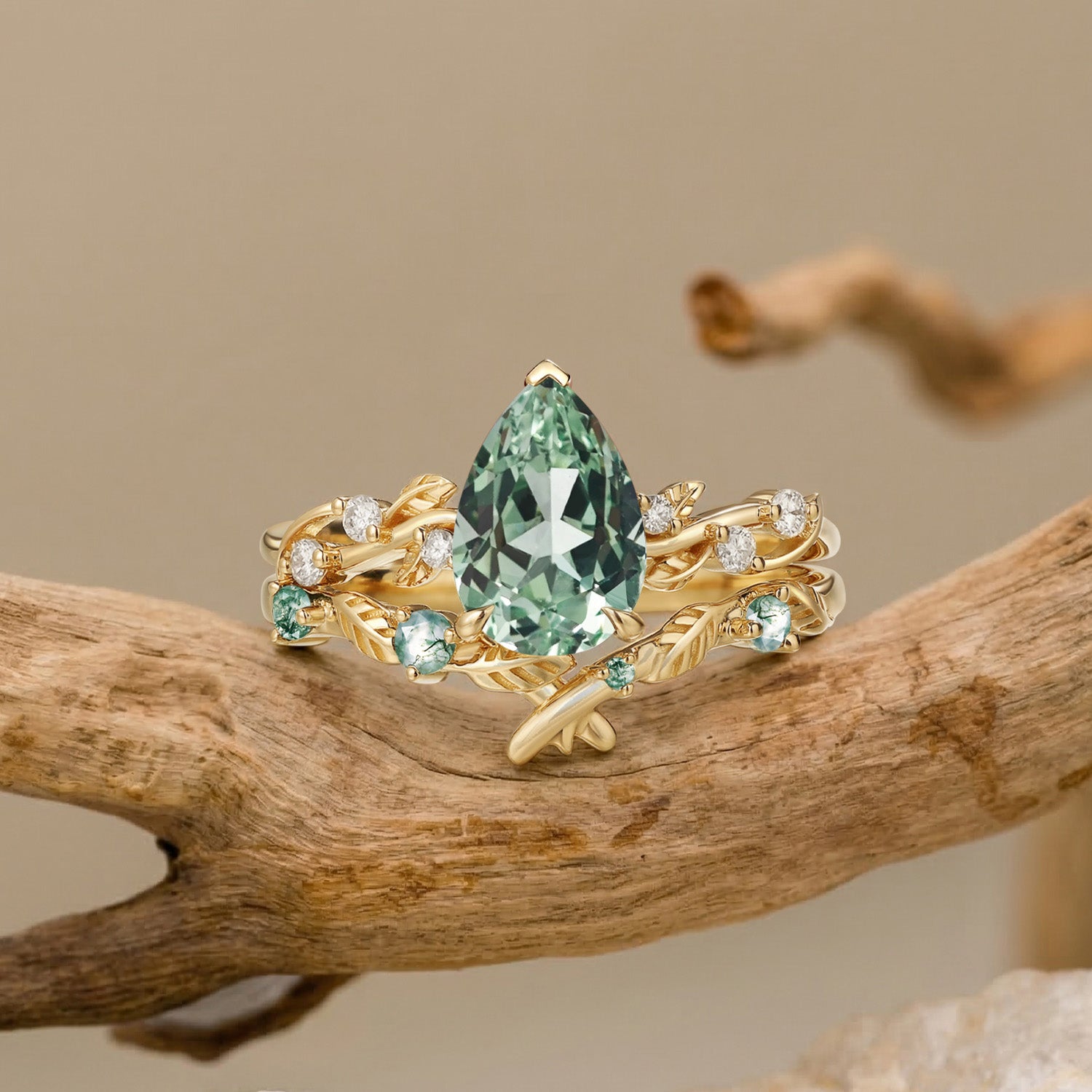 Shop Lab Mint Green Sapphire Leafy Pear Cut Engagement Ring 2pcs