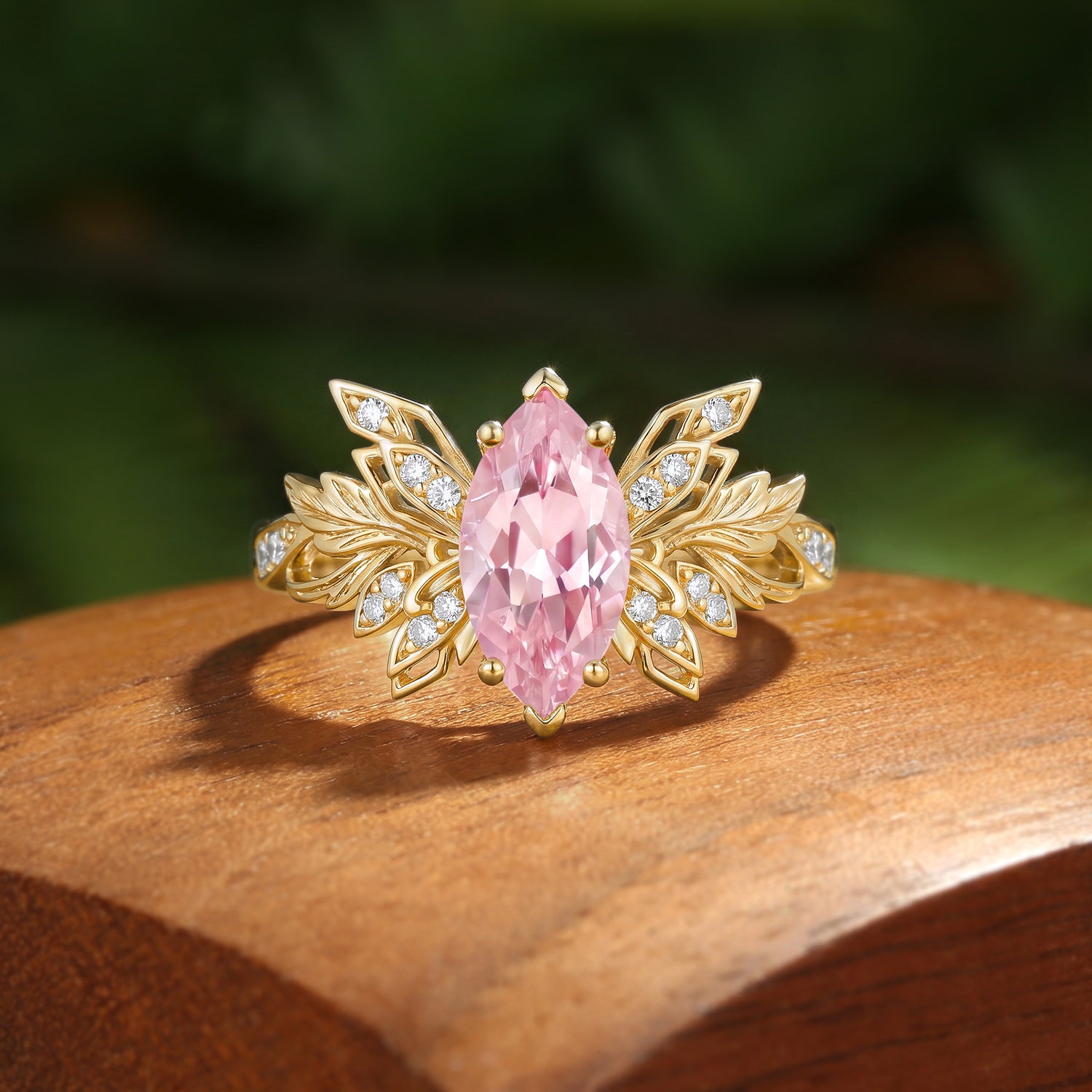 Forest Fairy Butterfly Wing Marquise Cut Pink Sapphire Leafy Engagement Ring - Inara