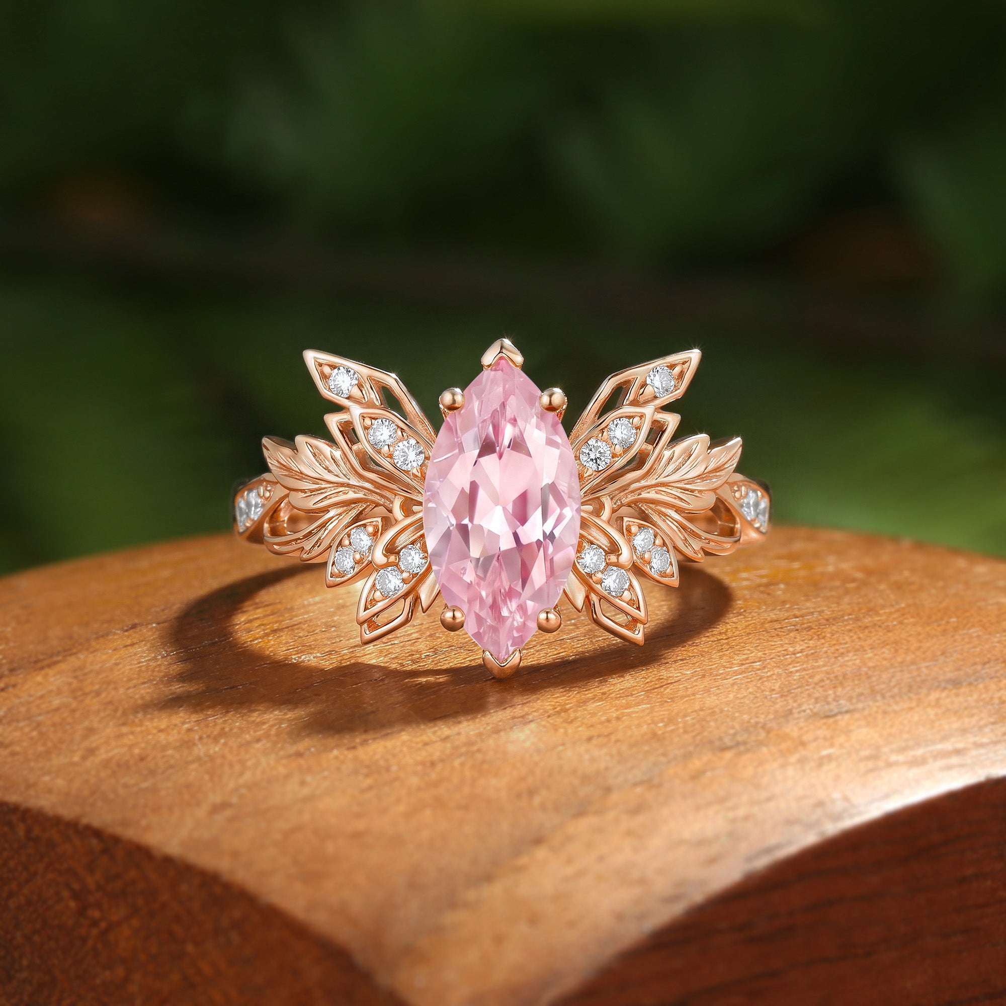 Forest Fairy Butterfly Wing Marquise Cut Pink Sapphire Leafy Engagement Ring - Inara