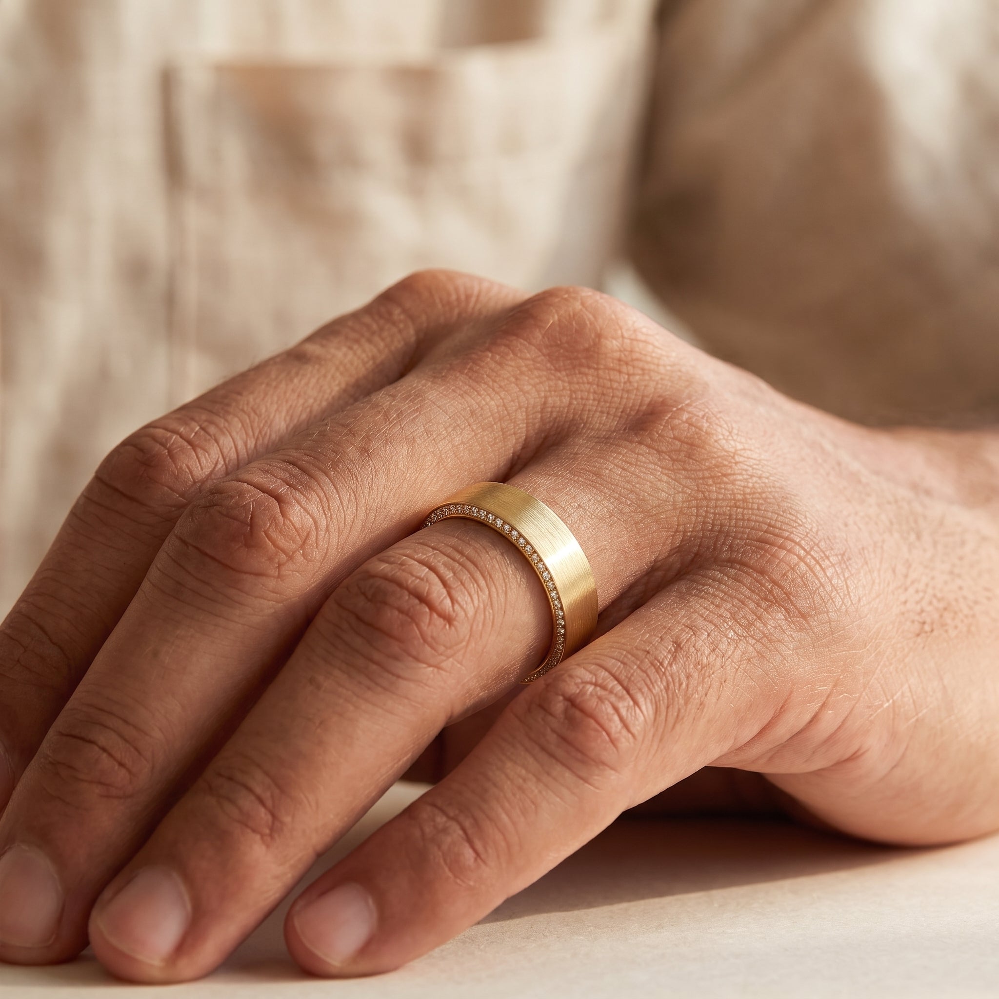 Brushed Gold Ring with Lab Diamond Men's Matte Wedding Band