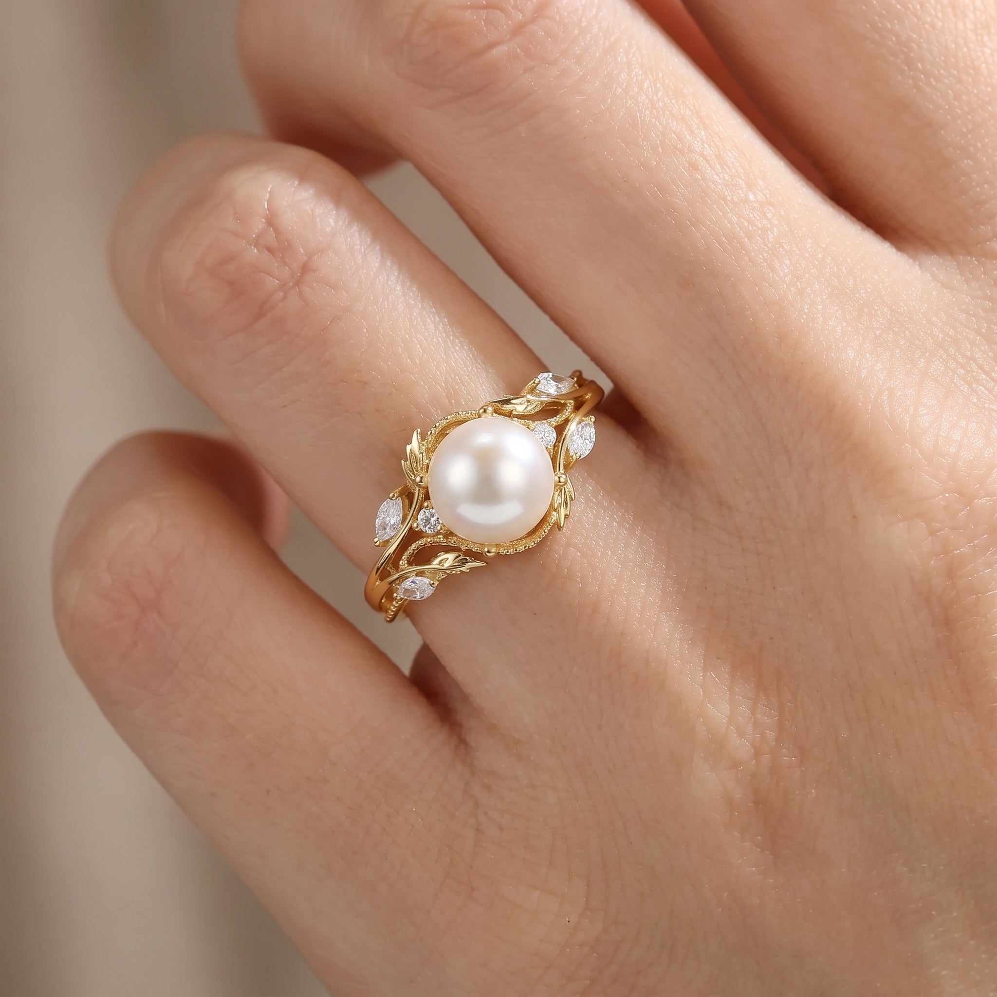 Filigree Leafy Round Cut Pearl Engagement Ring - Hesper