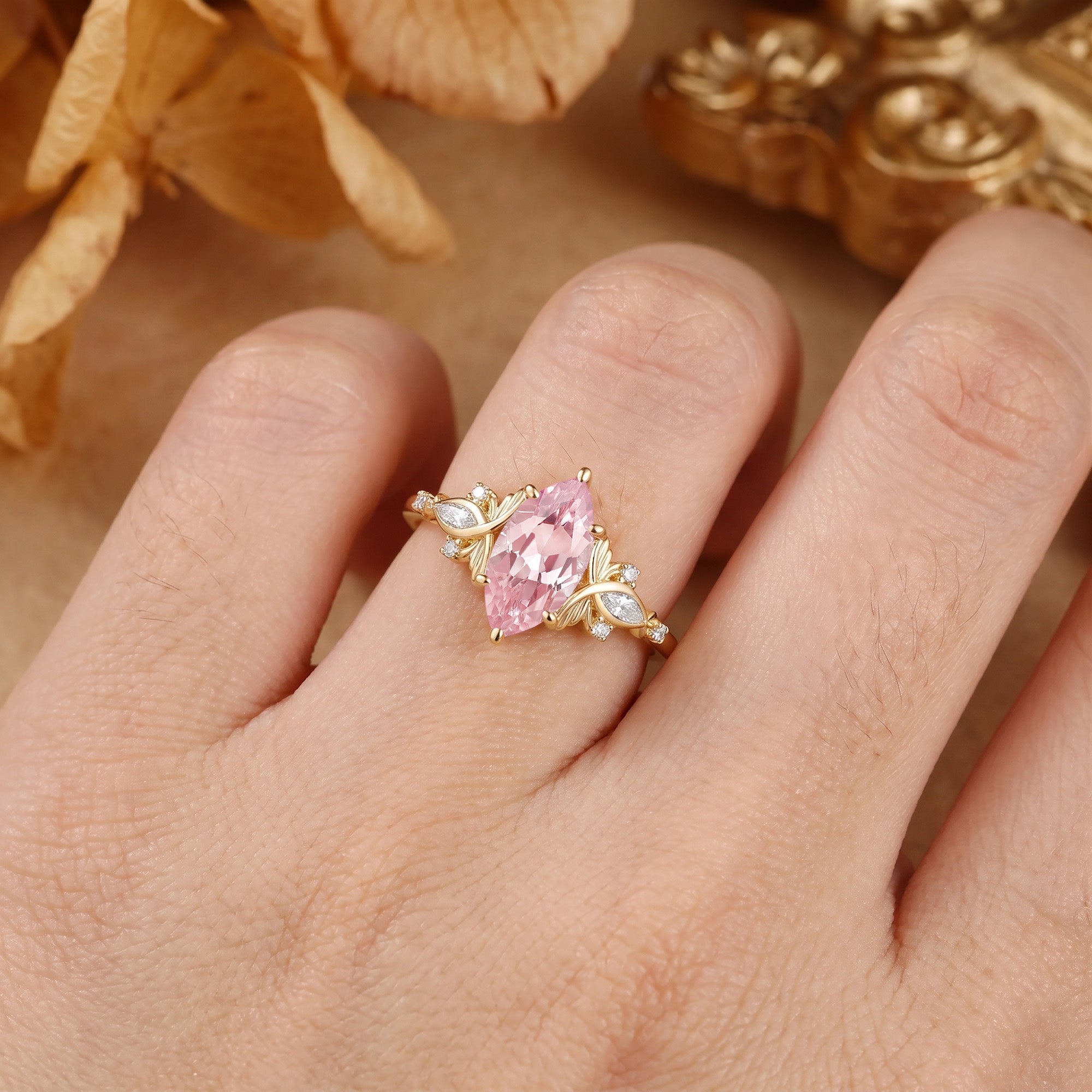 Forest Fairy Marquise Cut Pink Sapphire Leafy Engagement Ring - Letitia