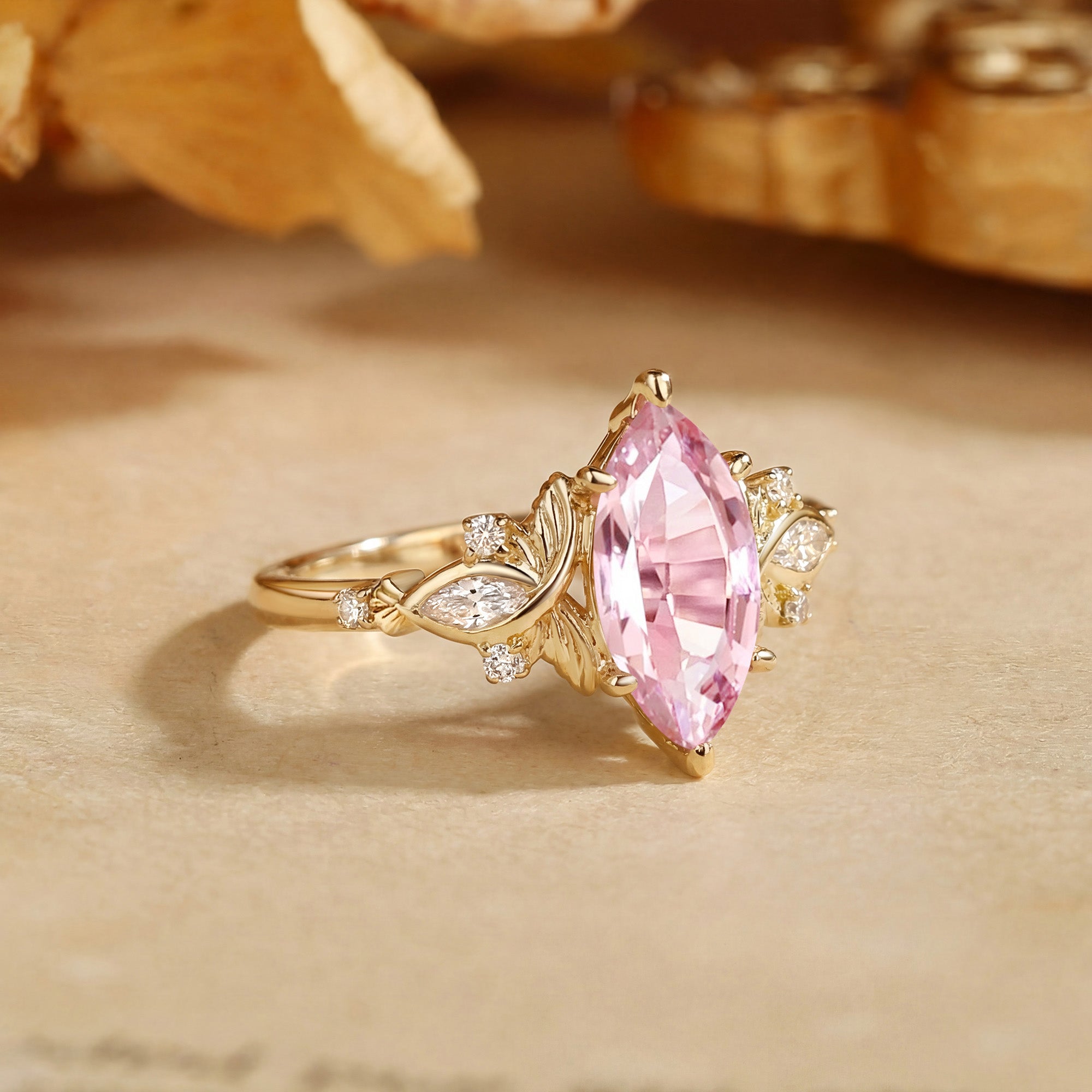 Forest Fairy Marquise Cut Pink Sapphire Leafy Engagement Ring - Letitia