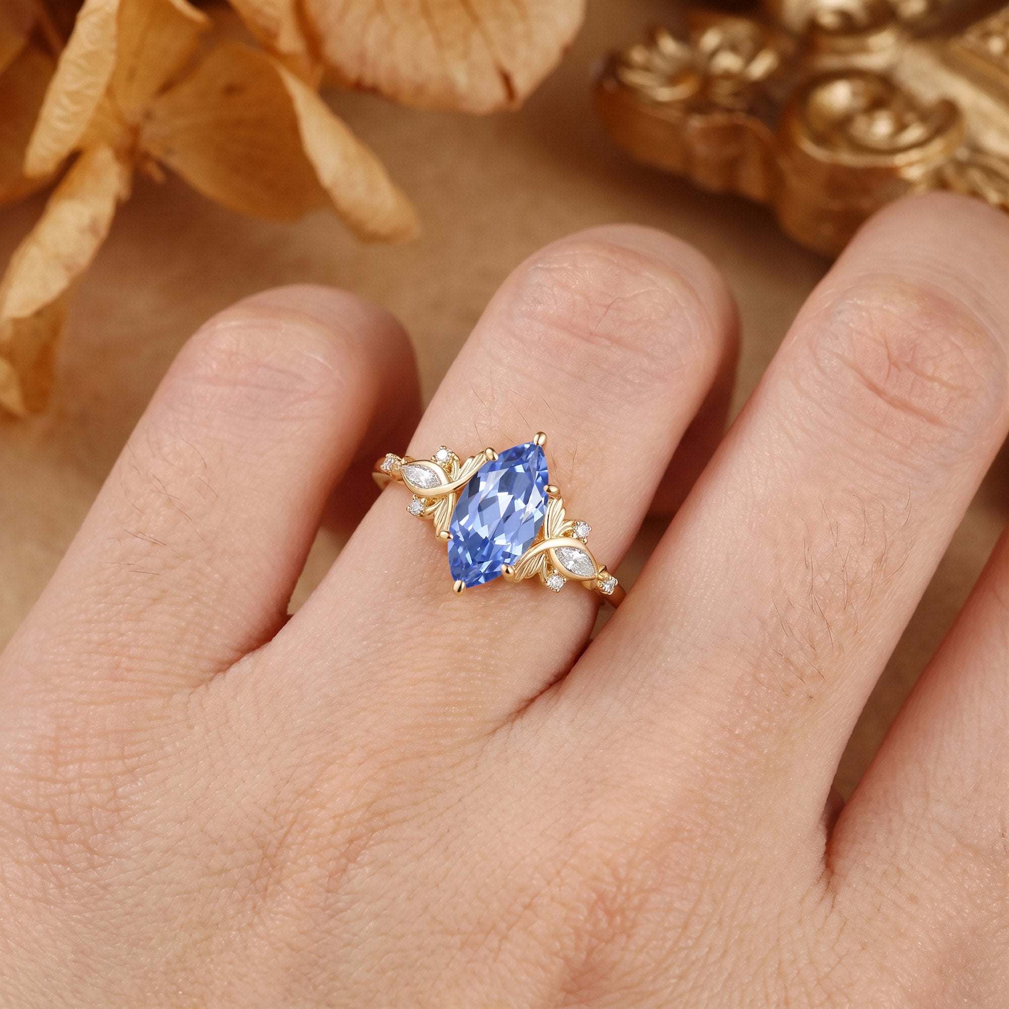 Forest Fairy Marquise Cut Cornflower Blue Sapphire Butterfly Engagement Ring - Letitia