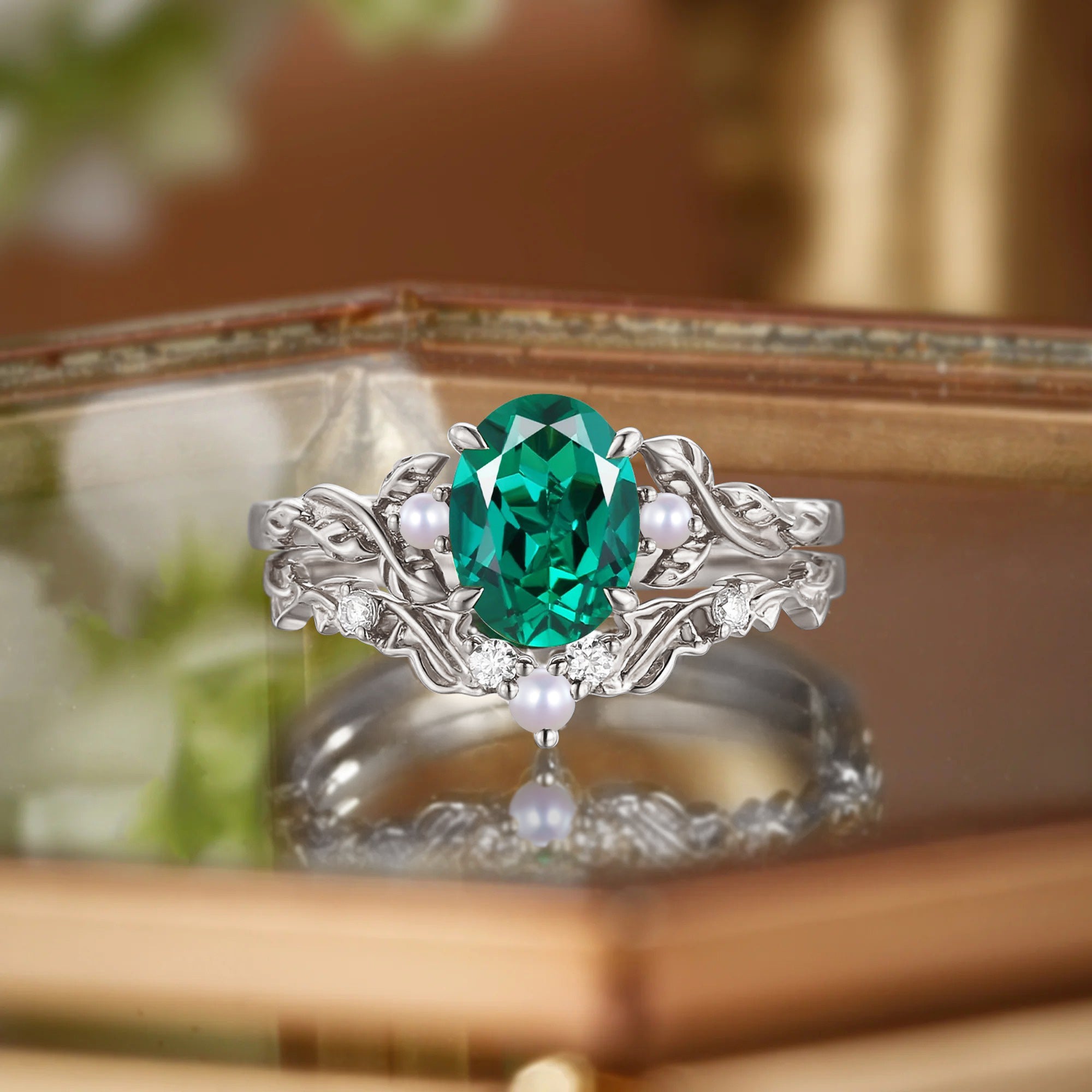 Oval Cut Lab Emerald&Pearl Leafy Engagement Ring Set 2pcs - Eden