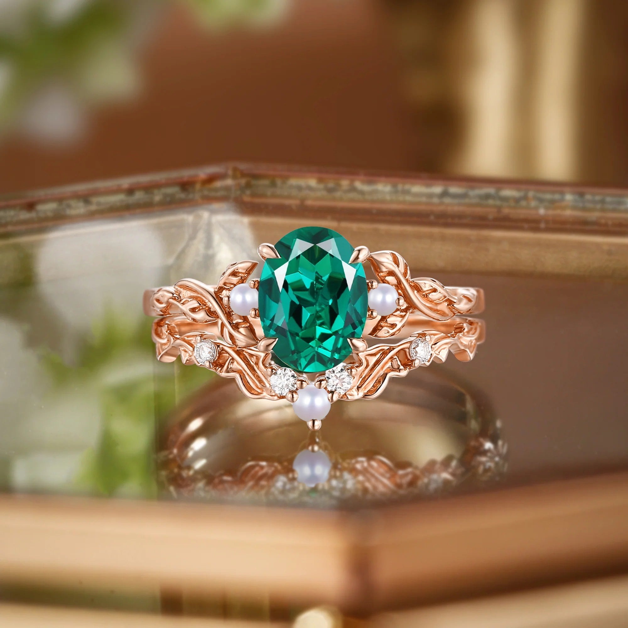 Oval Cut Lab Emerald&Pearl Leafy Engagement Ring Set 2pcs - Eden