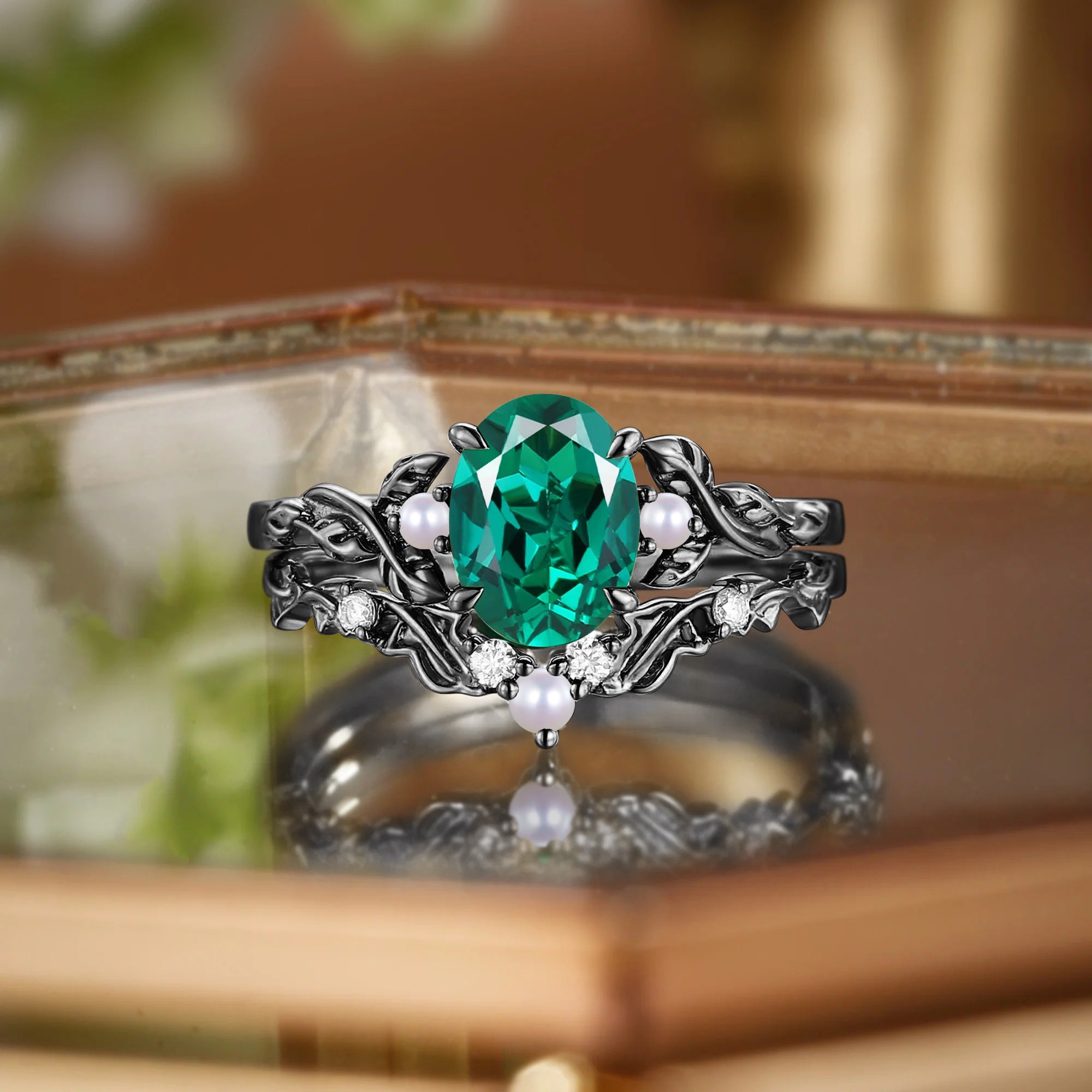 Oval Cut Lab Emerald&Pearl Leafy Engagement Ring Set 2pcs - Eden